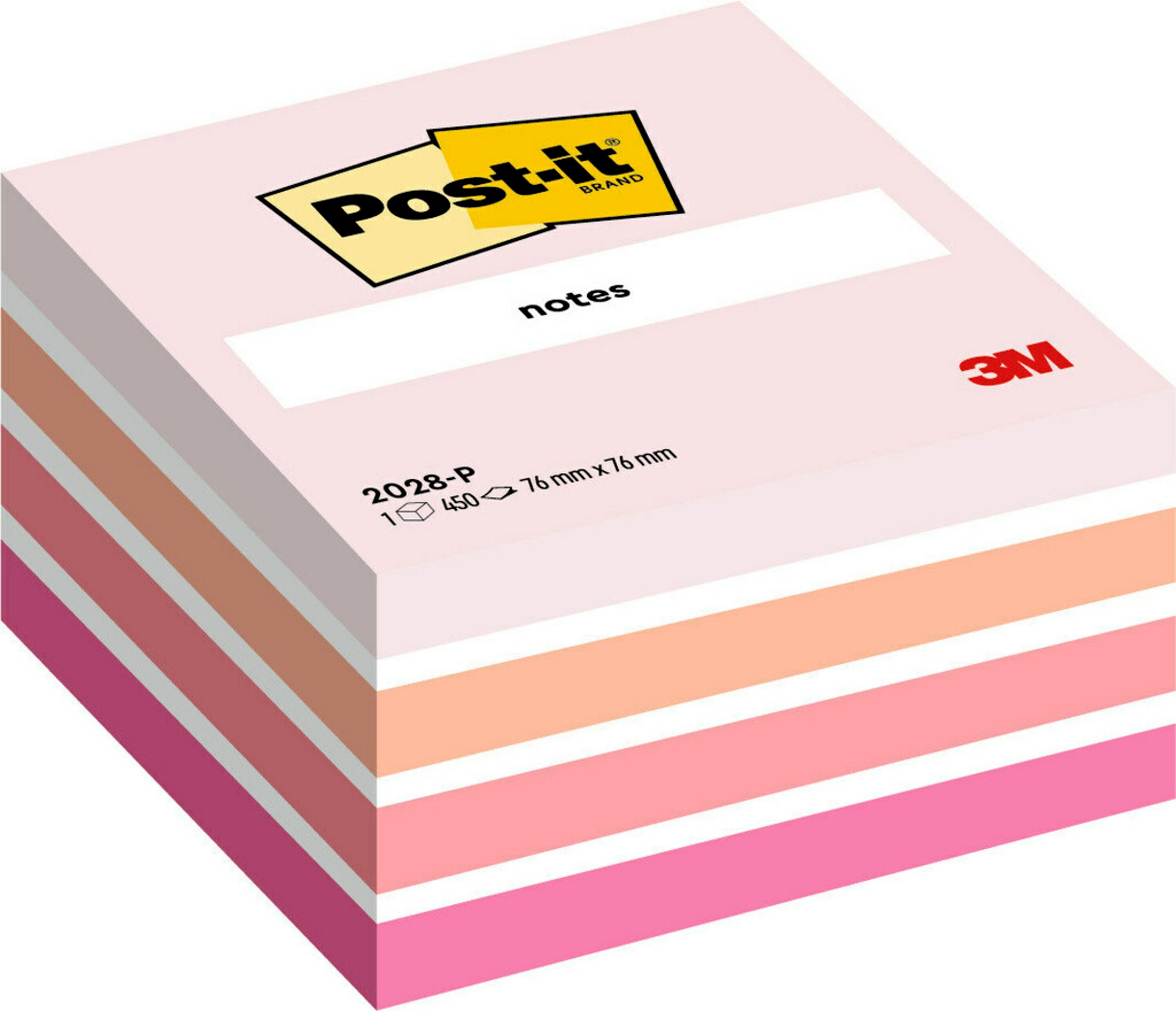 Bloc de Post-it® Notes en forme de cube, rose, 76 mm x 76 mm, 450 feuilles par bloc, 1 bloc par paquet, 100 % PEFC, SGSCH-PEFC-COC-110078