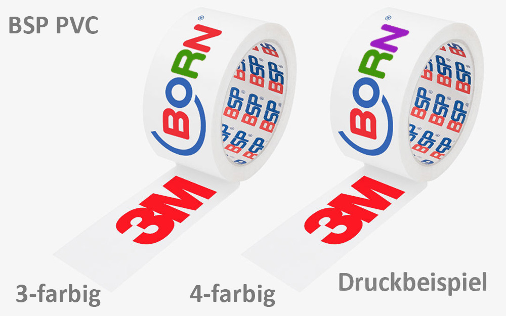 Ruban adhésif d'emballage BSP en PVC 50 mm x 66 m, blanc/marron/transparent, imprimé en positif en 3 ou 4 couleurs