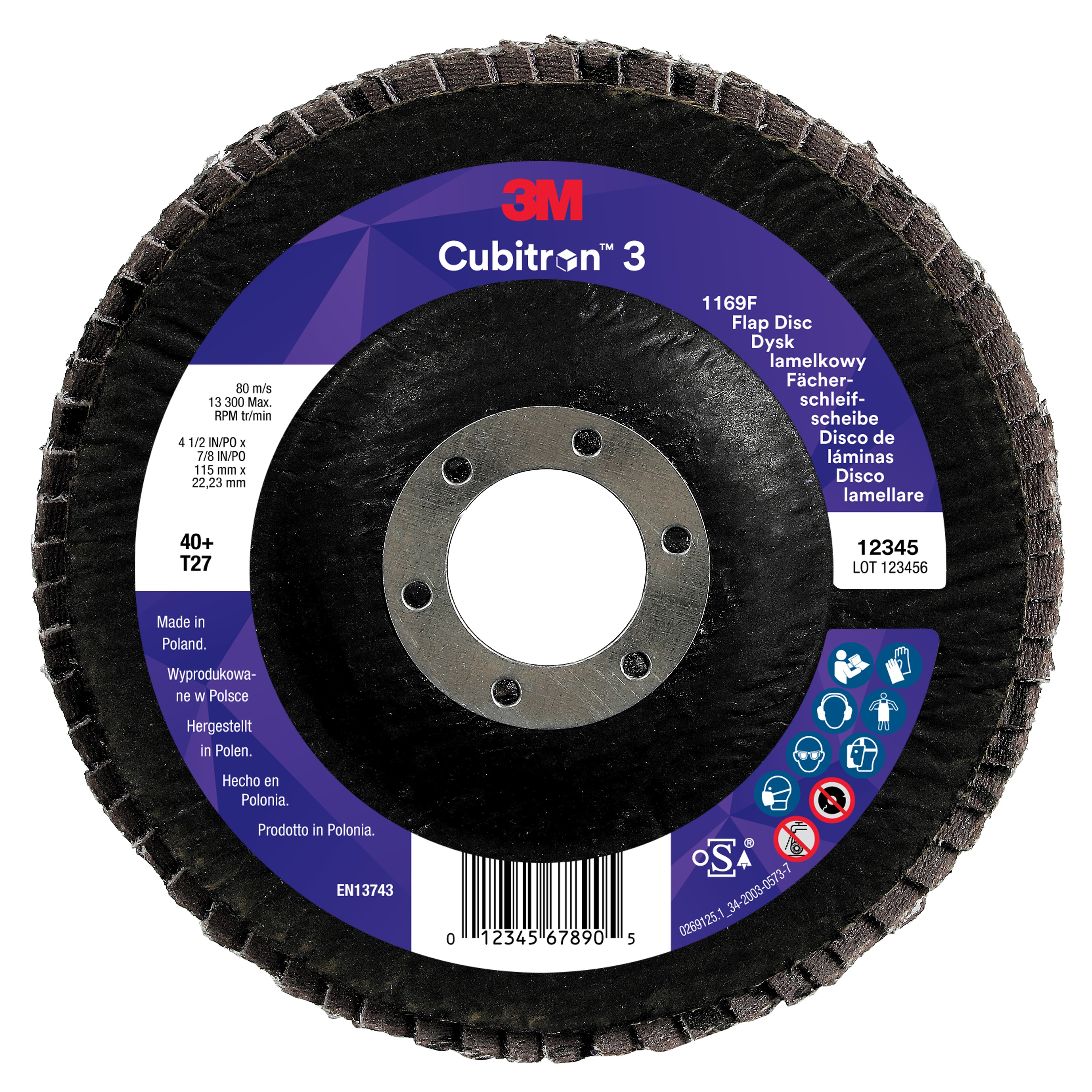 3M™ Cubitron™ 3-Flap Sanding Disc 1169F, 40+, T27 Flat, 115 mm x 22.23 mm, 10 per pack, 100 pieces per pack