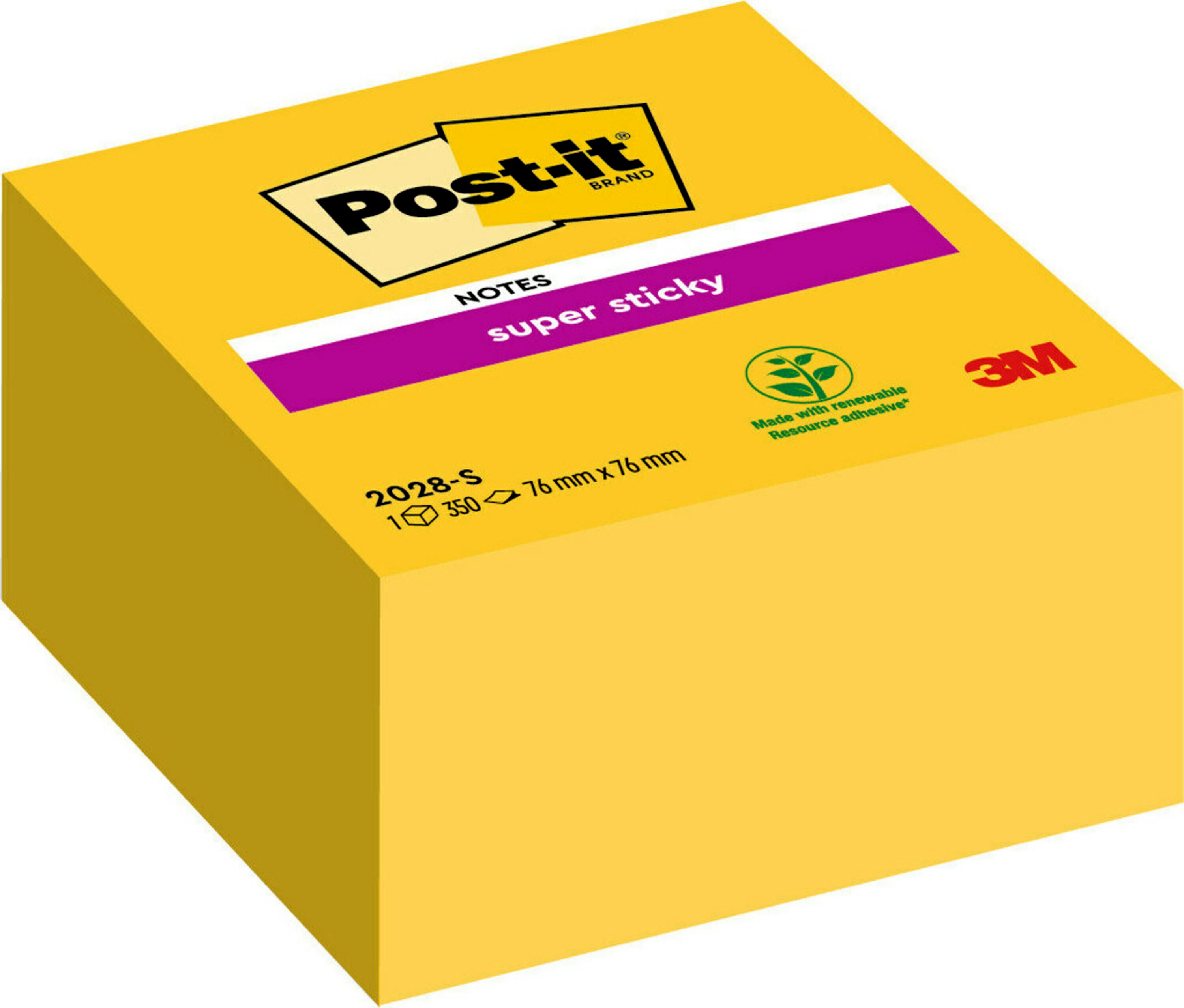 Bloc de notes Post-it® Super Sticky Notes en forme de cube, jaune, 76 mm x 76 mm, 350 feuilles/bloc, 1 bloc/paquet, 100 % PEFC, SGSCH-PEFC-COC-110078