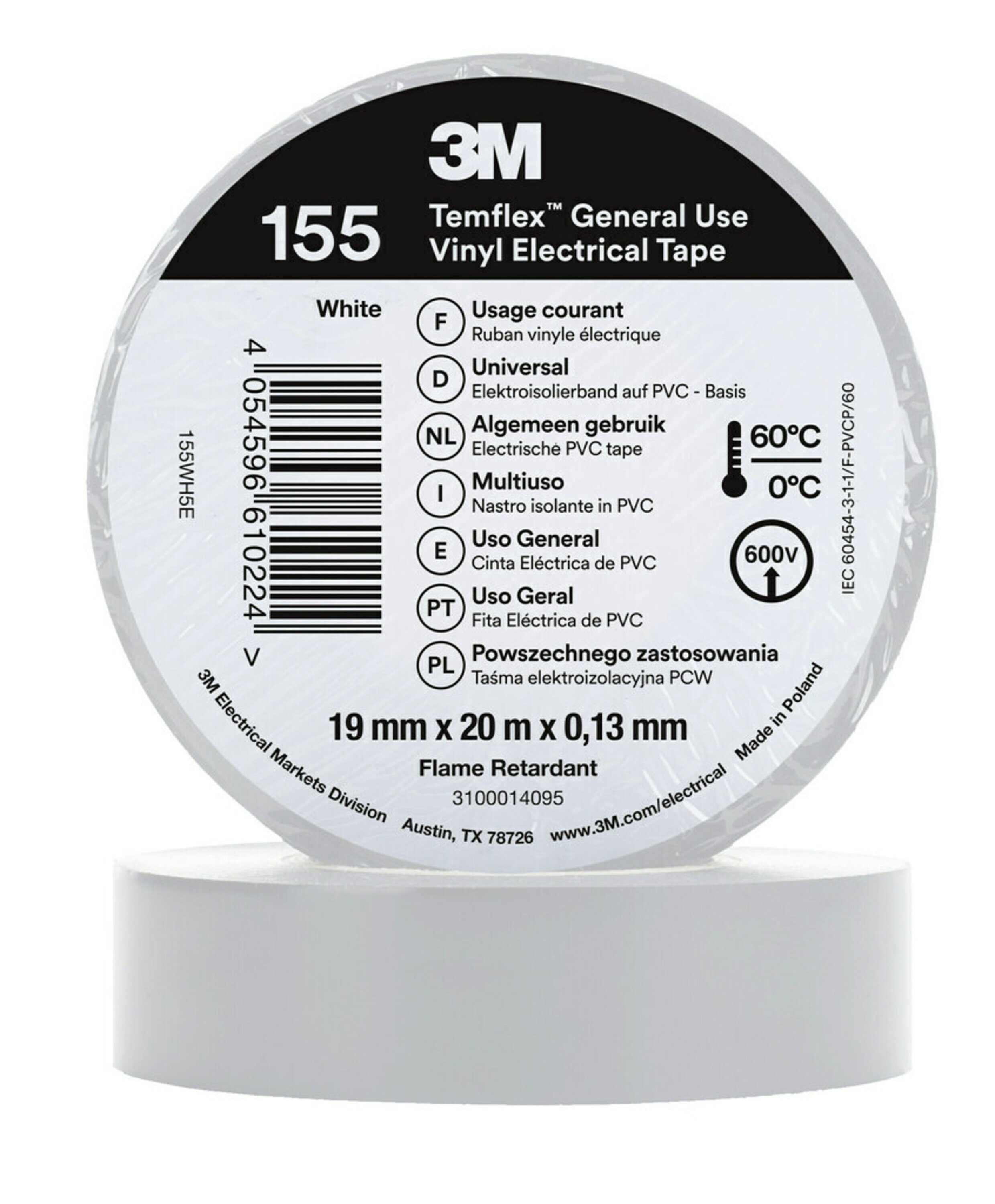 3M™ Temflex™ Vinyl-Isolierband 155, Weiß, 19 mm x 20 m