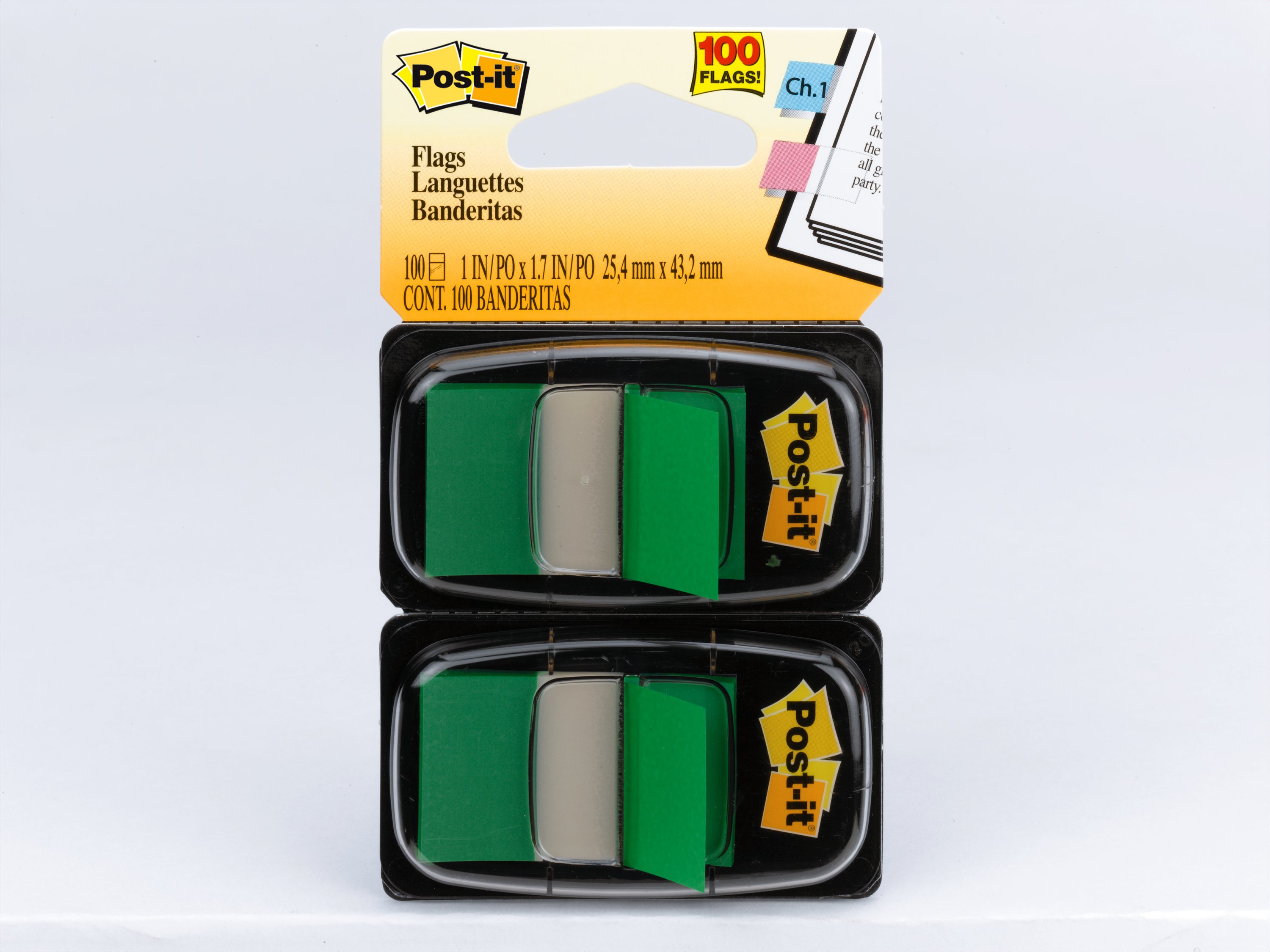 Bandes adhésives Post-it® Index, standard, vertes, 25,4 mm x 43,2 mm, 50 bandes par distributeur, 2 distributeurs par paquet