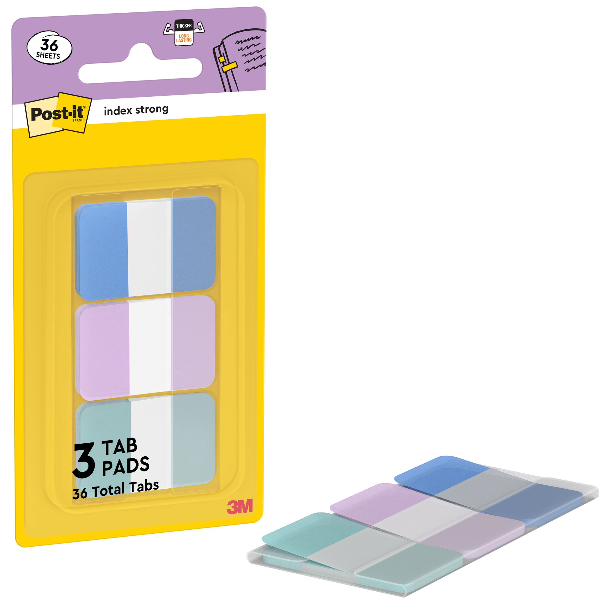 Post-it® Index Strong, bleu pastel, violet et vert, 25,4 mm x 38,1 mm, 36 bandes adhésives par étui, 1 étui par paquet