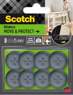 Patins Scotch® Move & Protect SP62A06, auto-adhésifs, gris, Ø 25 mm, lot de 8 – 150 kg