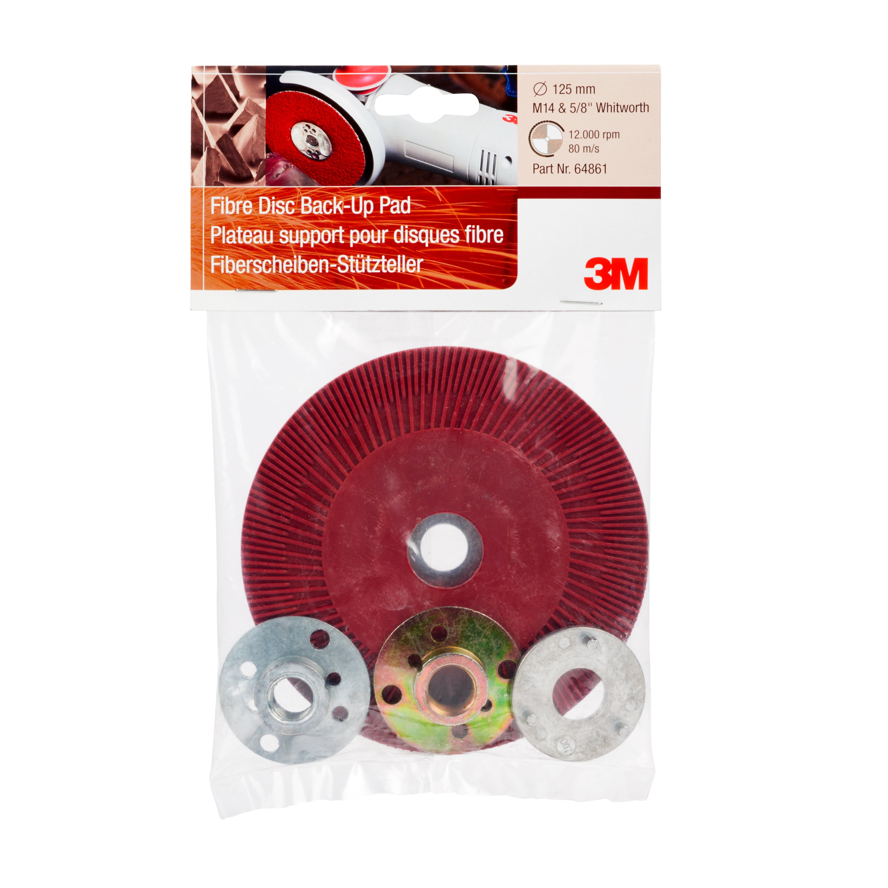 3M™ High-Performance Ribbed Backing Pad, red, 125 mm, M14, extra-hard