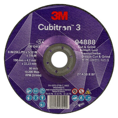 3M™ Cubitron™ 3 Cut and Grind roughing disc, 94888, 36+, T27, 150 mm x 4.2 mm x 22.23 mm, EN, 10/pack, 20 pieces/pack