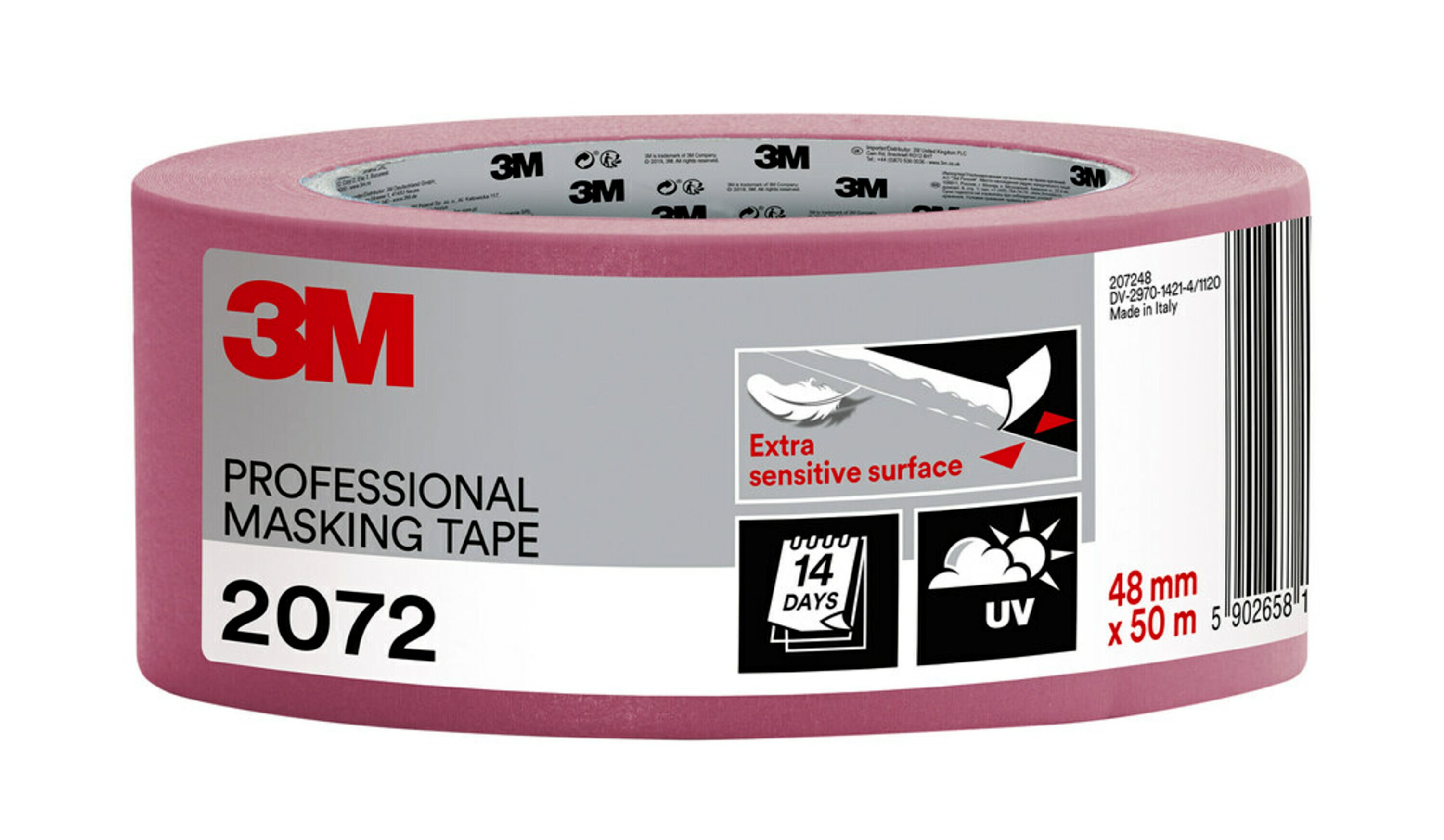 3M™ Masking Tape 2072 for particularly delicate surfaces, Pink, 48 mm x 50 m, 12 rolls per box, 100% PEFC, SGSCH-PEFC-COC-110078