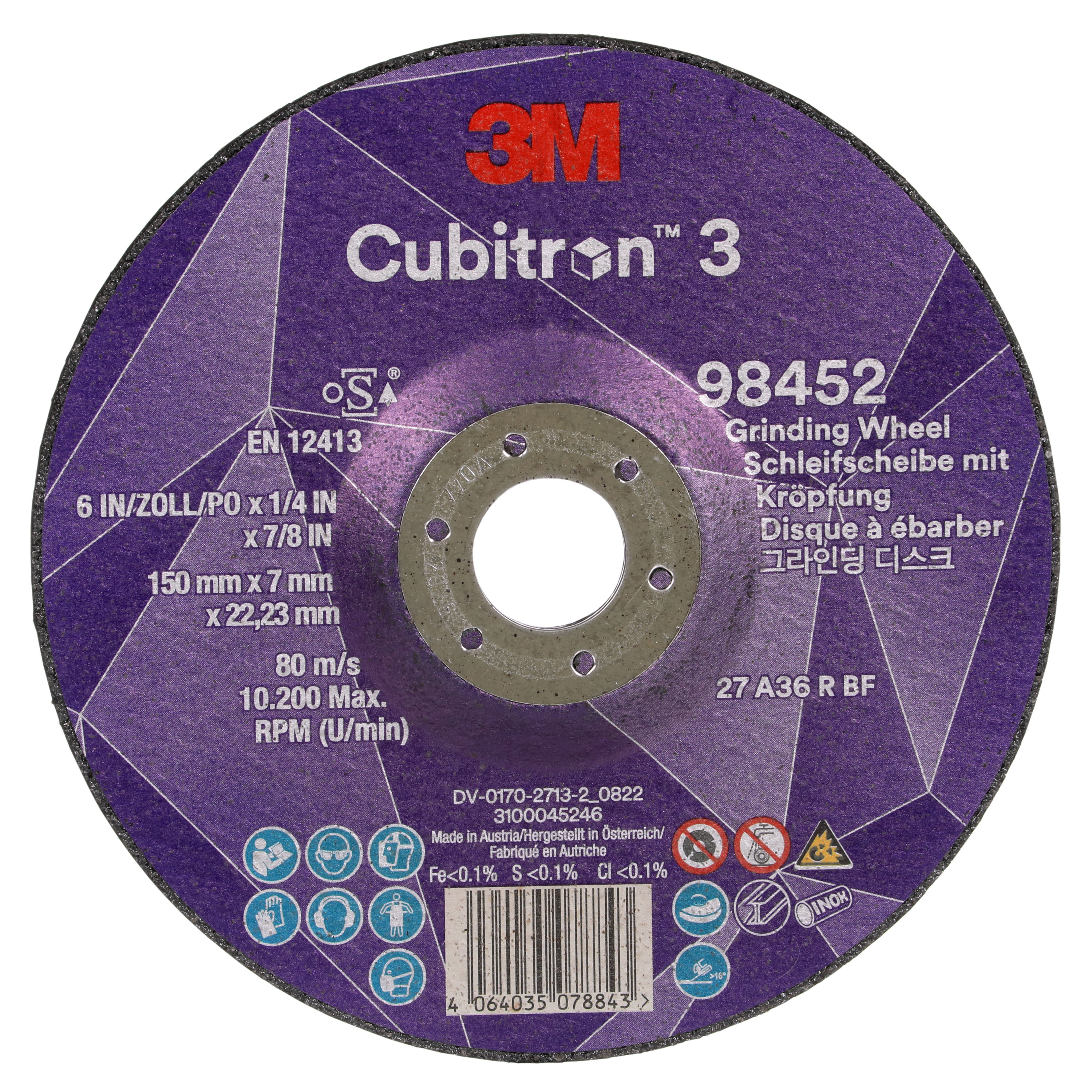 3M™ Cubitron™ 3 roughing disc, 98452, 36+, T27, 150 mm x 7 mm x 22.23 mm, EN, 10/pack, 20 pieces/pack