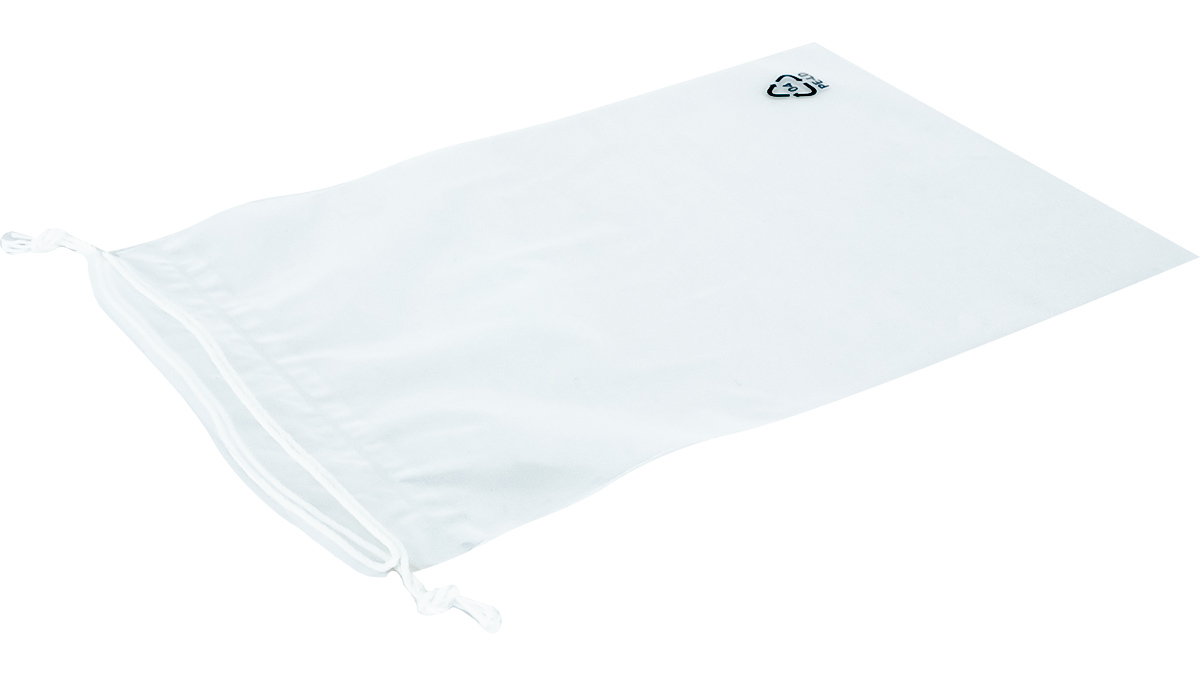 LDPE-Kordelzugbeutel, transparent, unbedruckt, weiße Doppelzugkordel, mit PE-Symbol, 150 x 210 + 30 x 0,05 mm