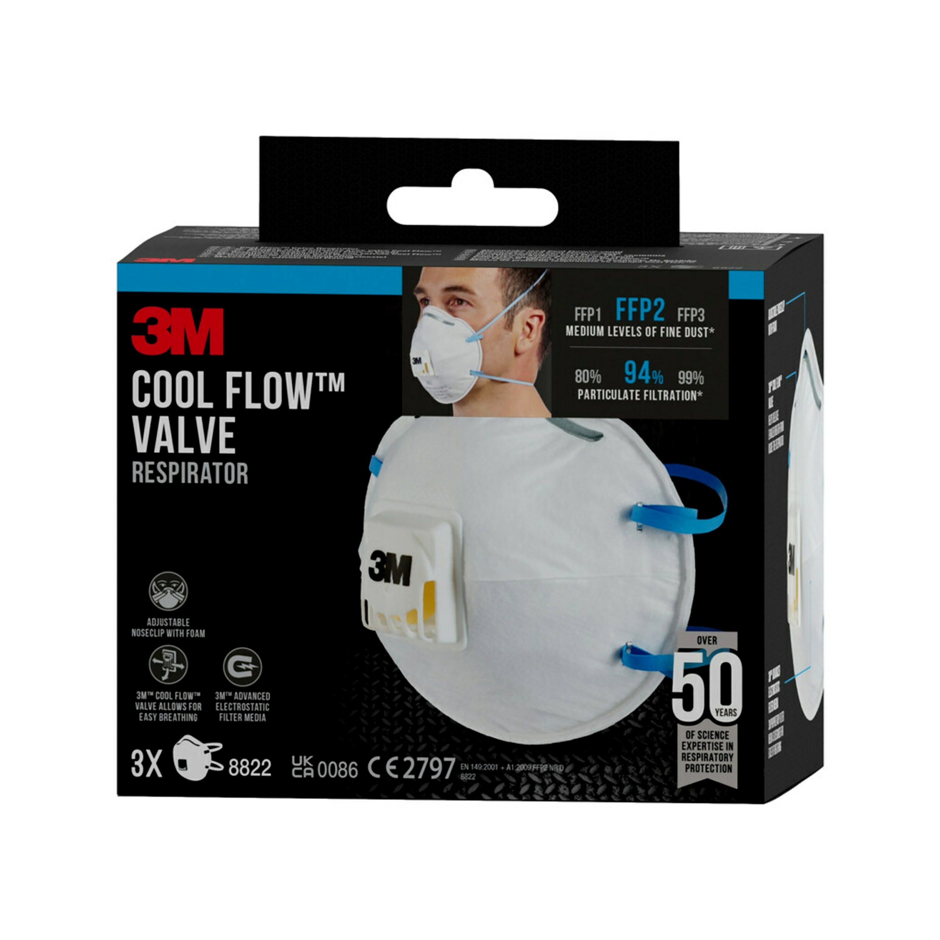 3M™ Cool Flow™ Particle Mask 8822, FFP2, with valve, pack of 3