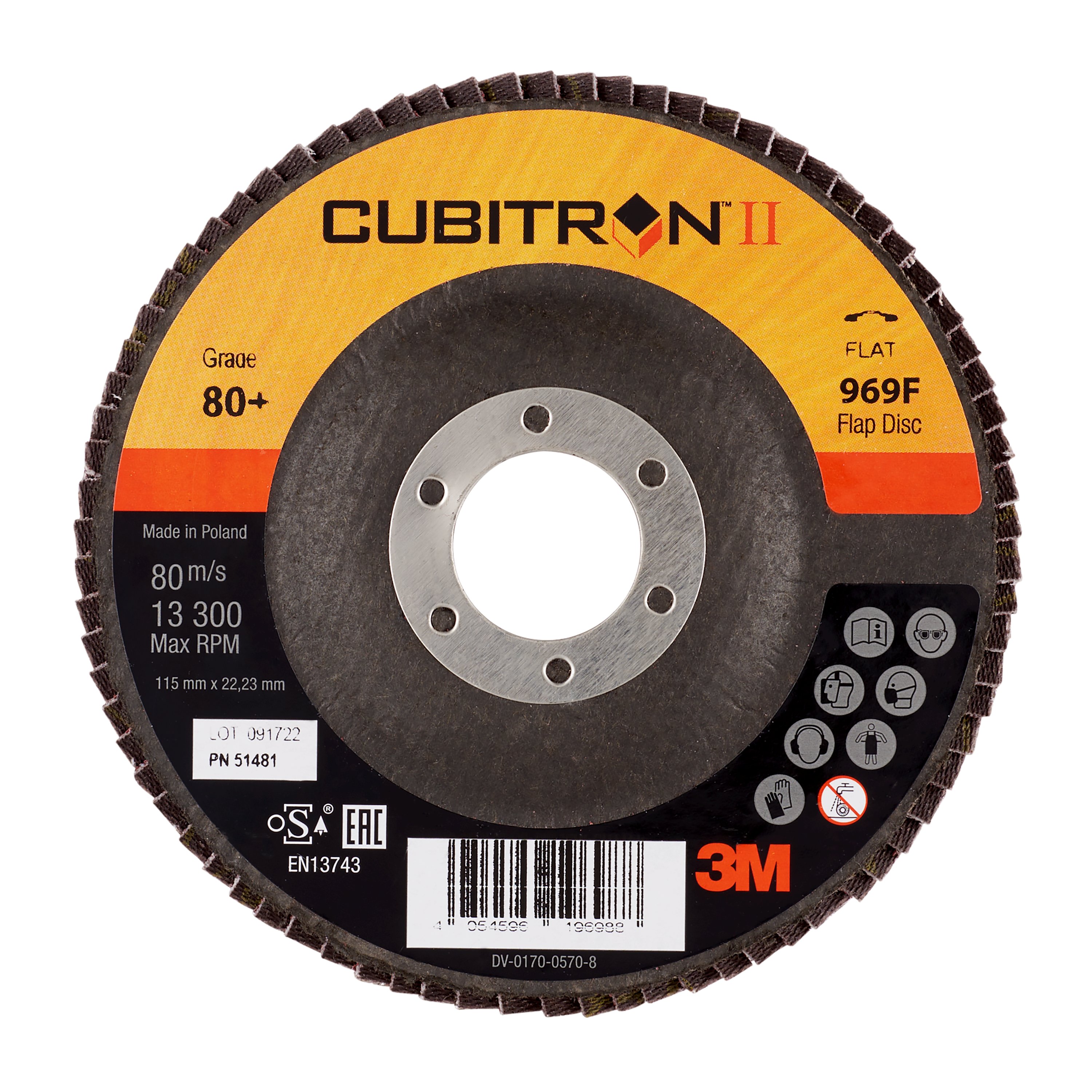 3M™ Cubitron™ II Flap Disc 969F, 115 mm x 22 mm, 80+, flat