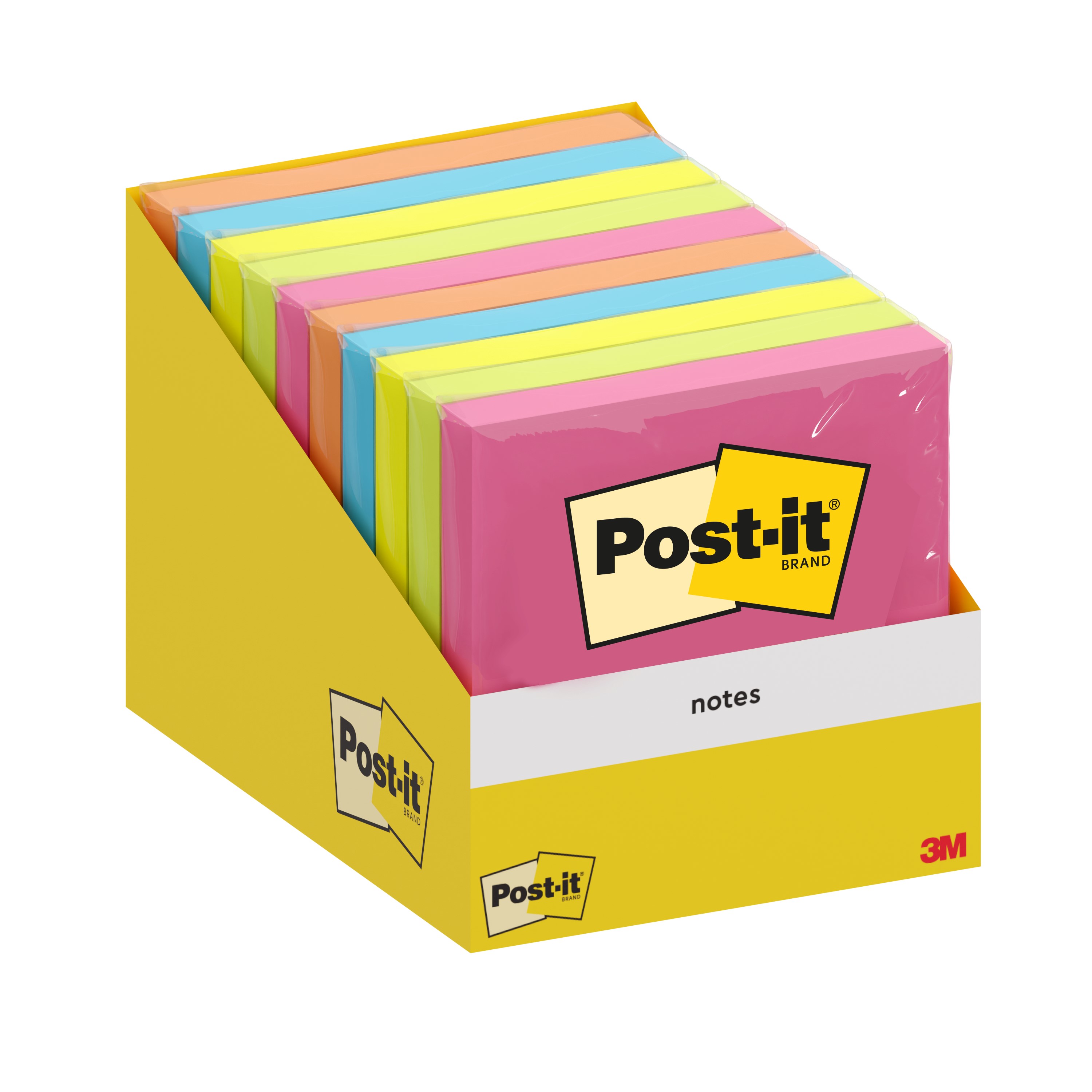 Post-it® Notes, couleurs assorties, 76 mm x 76 mm, 100 feuilles/bloc, 1 bloc/paquet, emballage en carton, 100 % PEFC, SGSCH-PEFC-COC-110078