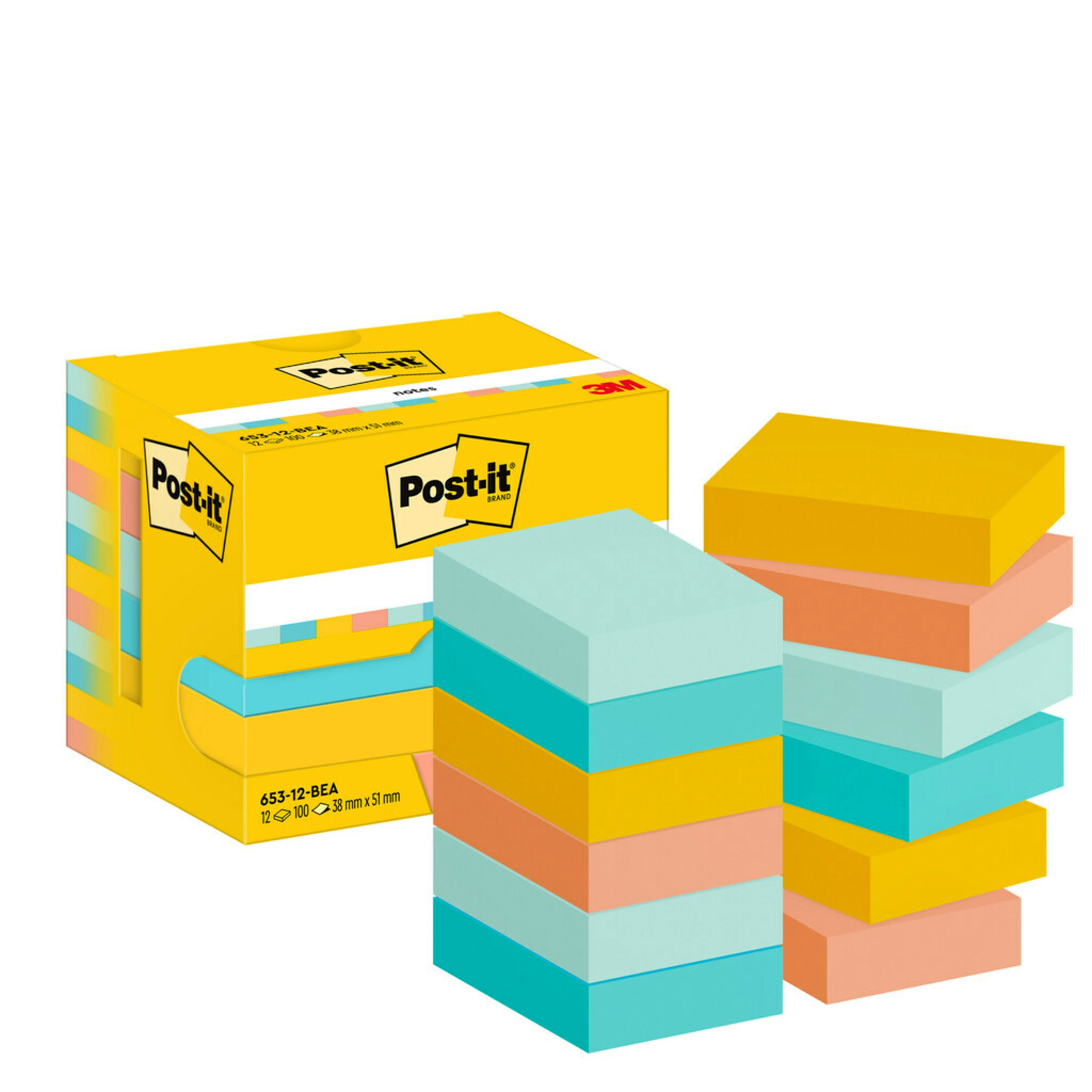 Post-it® Notes, collection Beachside, 38 mm x 51 mm, 100 feuilles par bloc, 12 blocs par paquet, emballage en carton, 100 % PEFC, SGSCH-PEFC-COC-110078