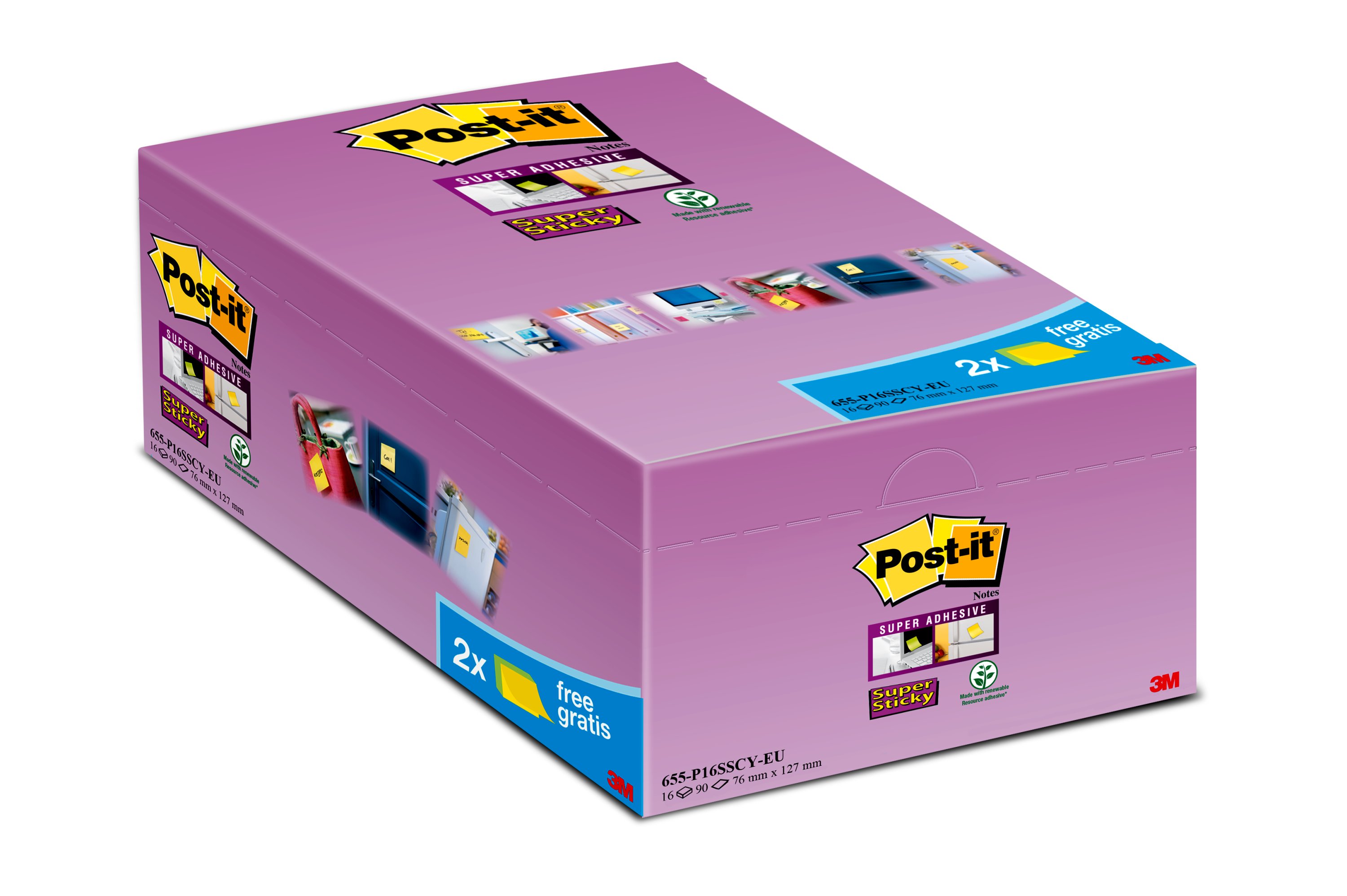 Post-it® Super Sticky Notes, jaune, 127 mm x 76 mm, promotion, 90 feuilles/bloc, 14 blocs + 2 gratuits/paquet, 100 % PEFC, SGSCH-PEFC-COC-110078