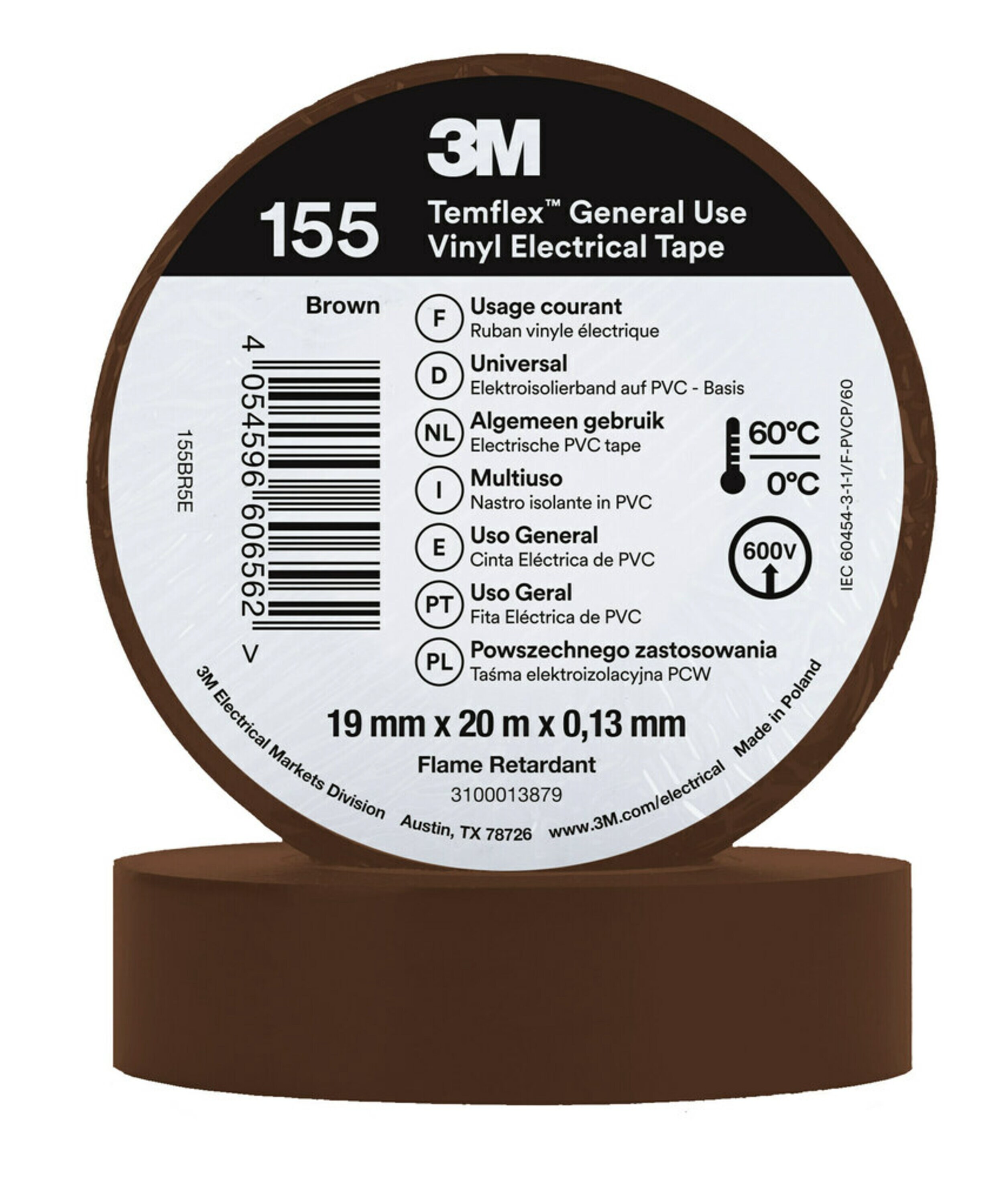 3M™ Temflex™ Vinyl-Isolierband 155, Baun, 19 mm x 20 m