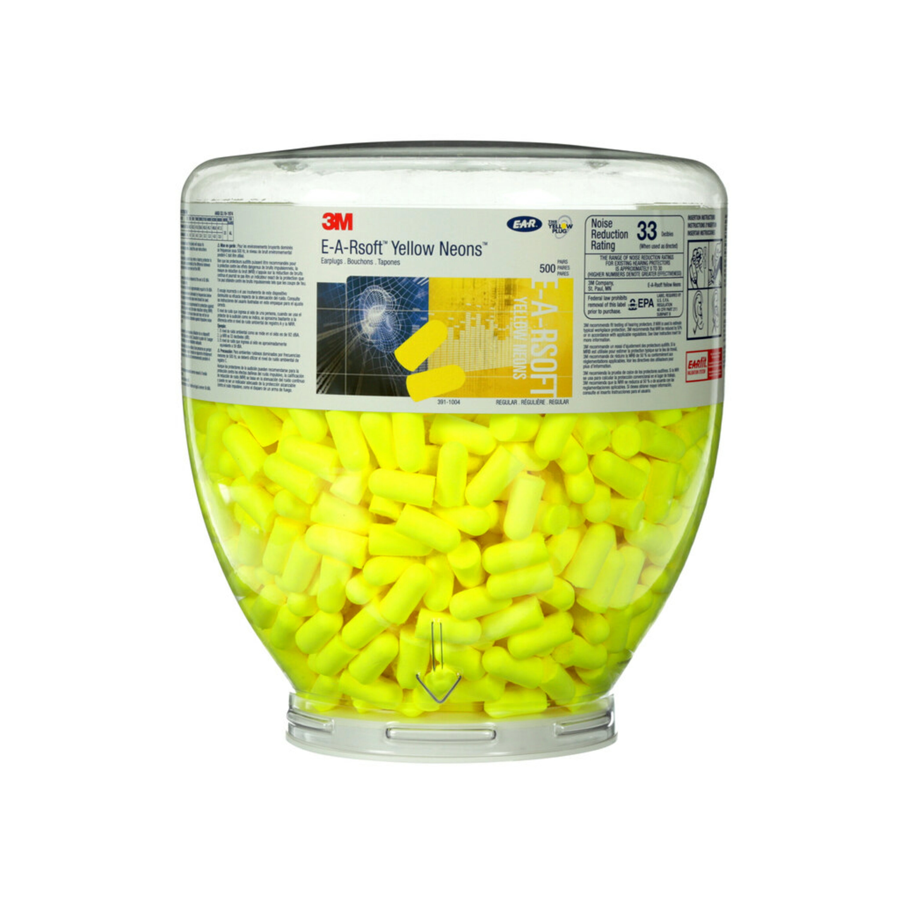 Bouchons d'oreille 3M™ E-A-RSoft™ PD01002, jaune fluo, SNR = 36 dB, flacon de recharge de 500 paires pour distributeur