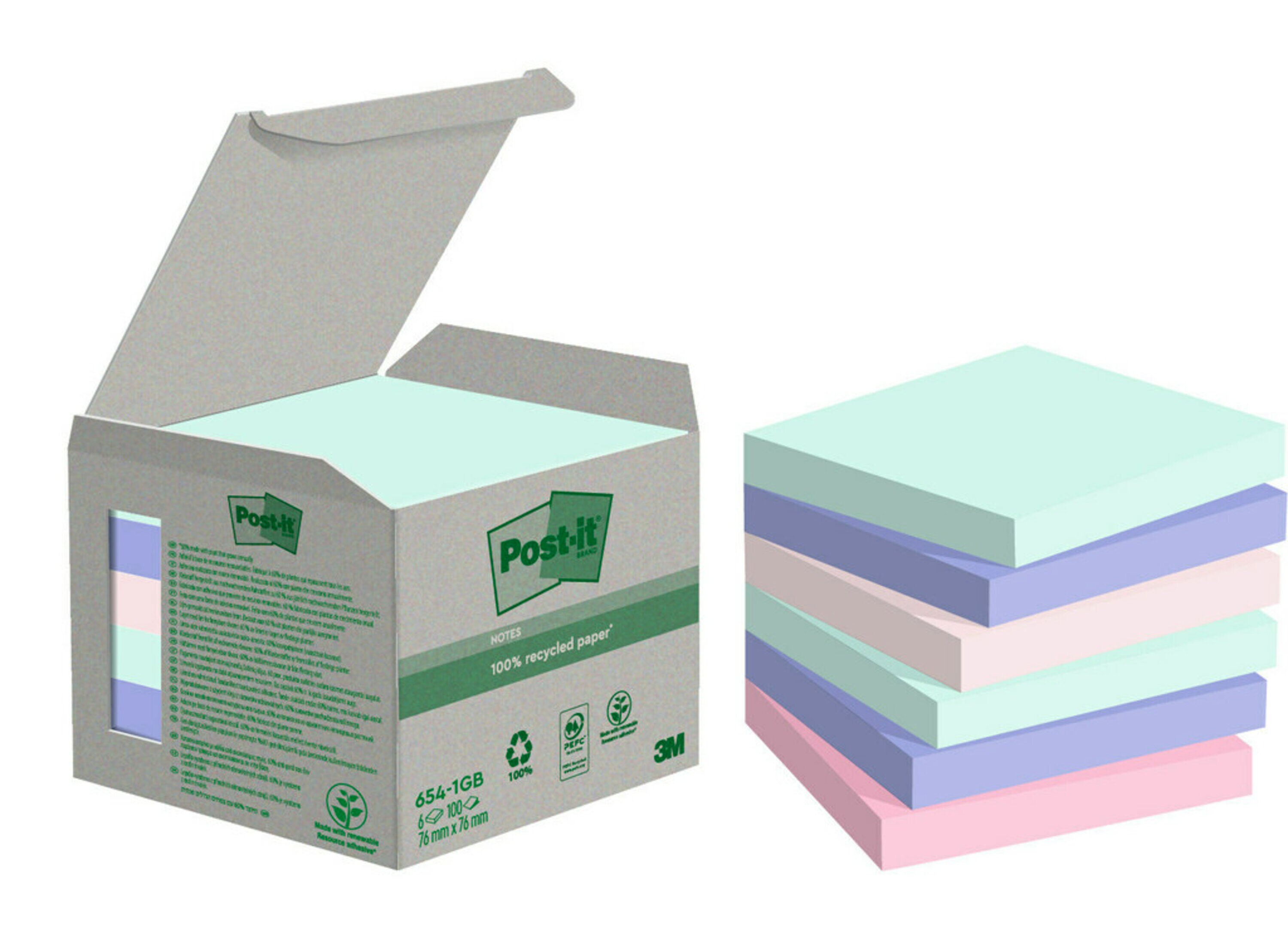 Post-it® Recycling Notes, couleurs assorties, 76 mm x 76 mm, 100 feuilles par bloc, 6 blocs par paquet, 100 % PEFC, SGSCH-PEFC-COC-110078