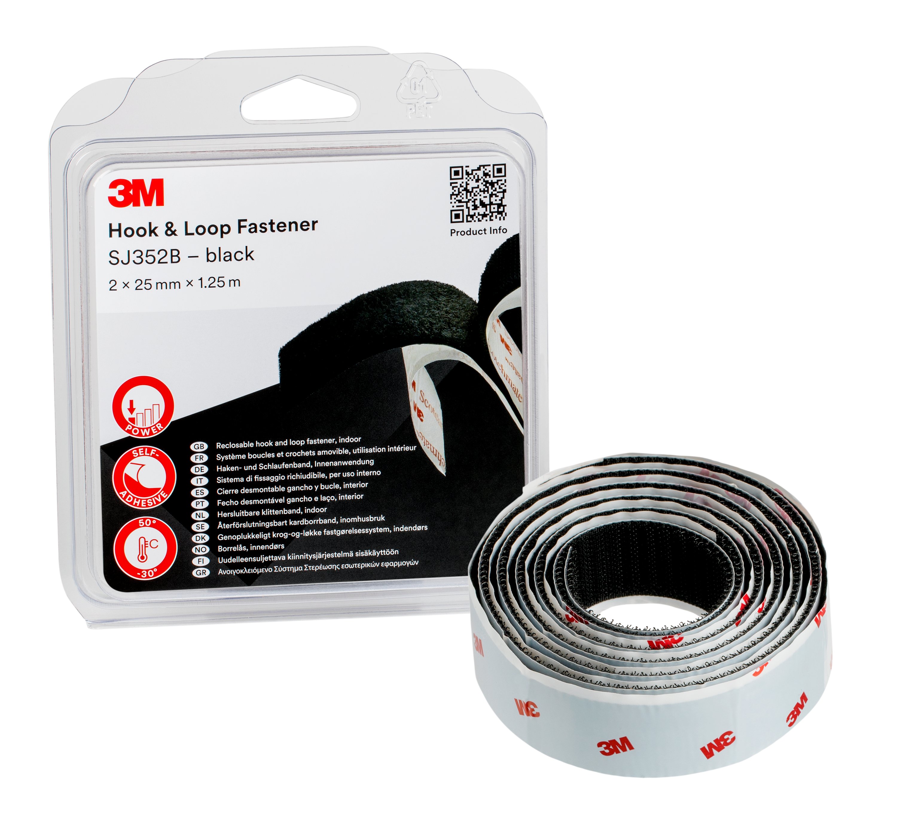 Ruban à crochets et boucles 3M™ SJ352B, noir, 25 mm x 1,25 m, 4,4 mm, blister IPC