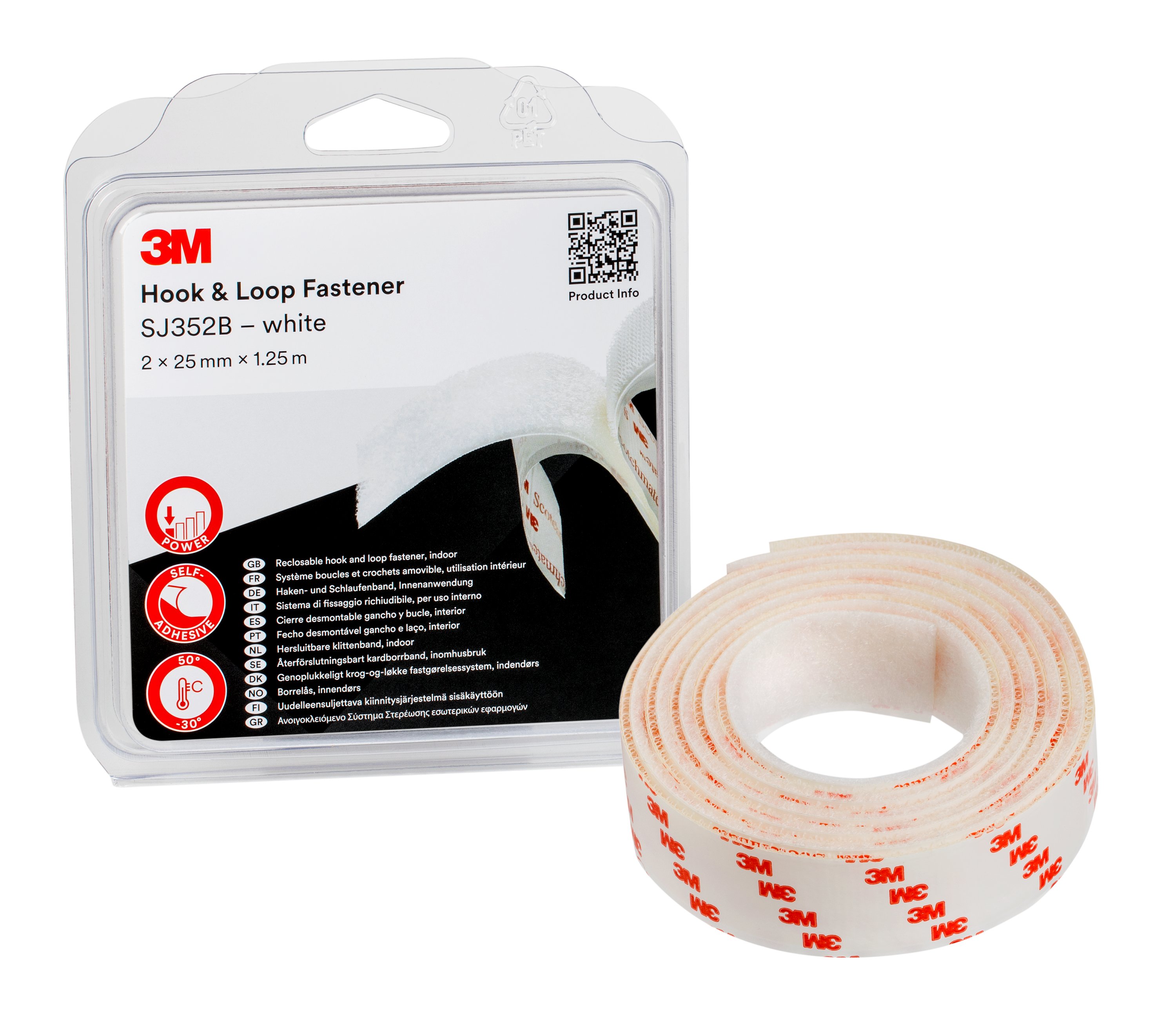 Ruban à crochets et boucles 3M™ SJ352B, blanc, 25 mm x 1,25 m, 4,4 mm, sous blister