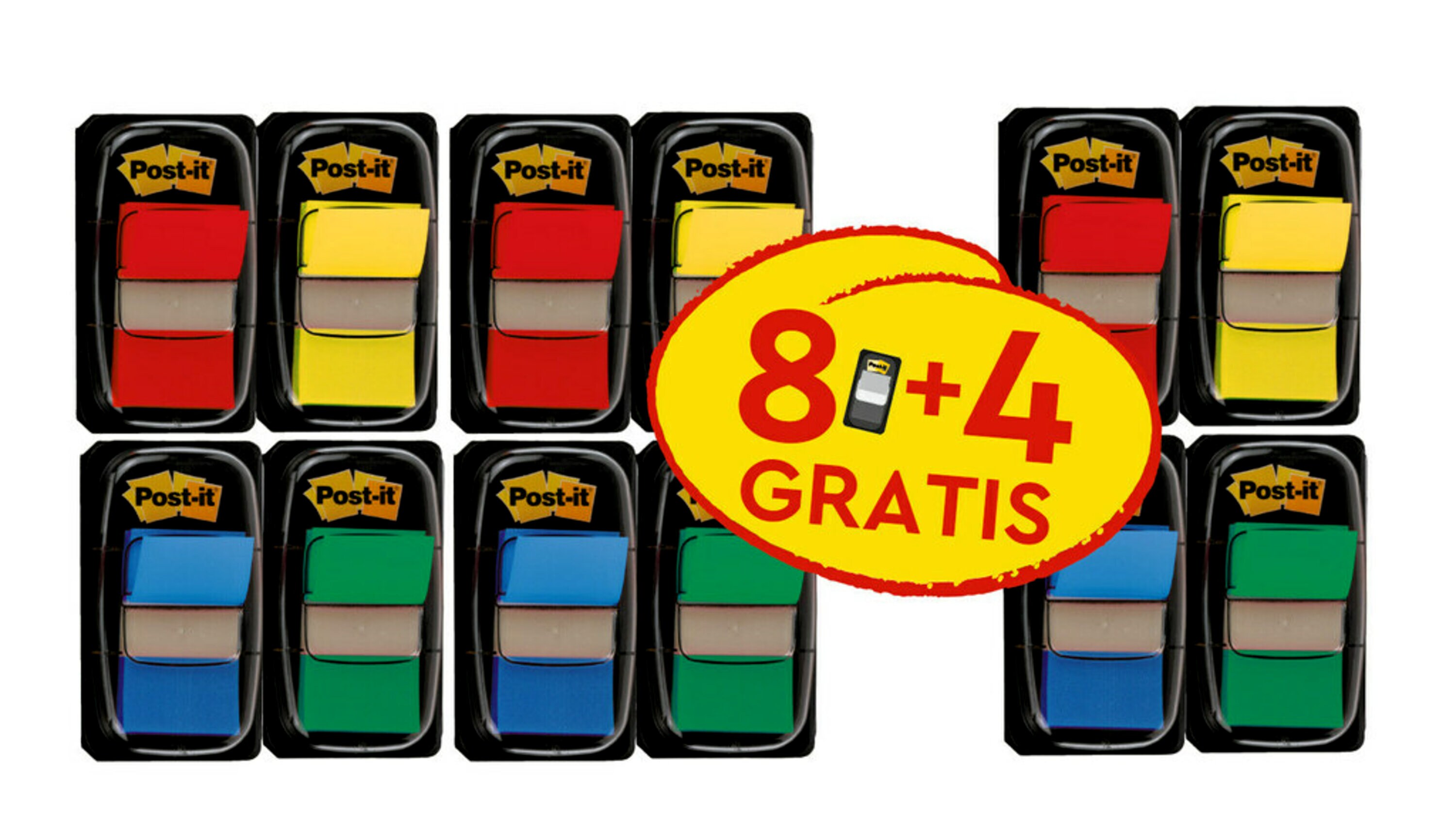 Bandes adhésives Post-it® Index, standard, couleurs assorties, 25,4 mm x 43,2 mm, promotion, 50 bandes adhésives par distributeur, 8 distributeurs + 4 gratuits par paquet