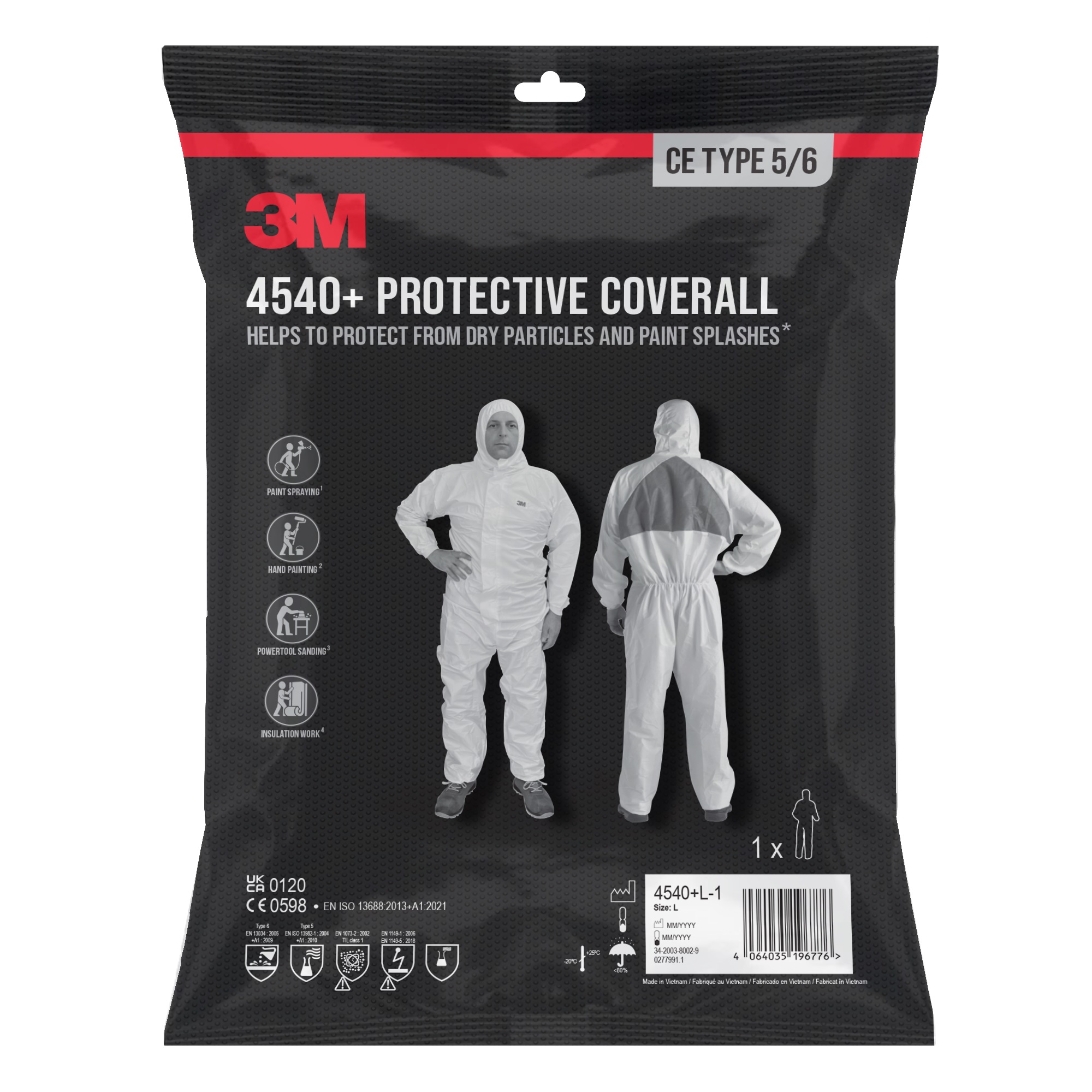 Combinaison de protection 3M™ 4540+, CE type 5/6, blanche avec un triangle bleu, CE type 5/6, taille L, 1 pièce