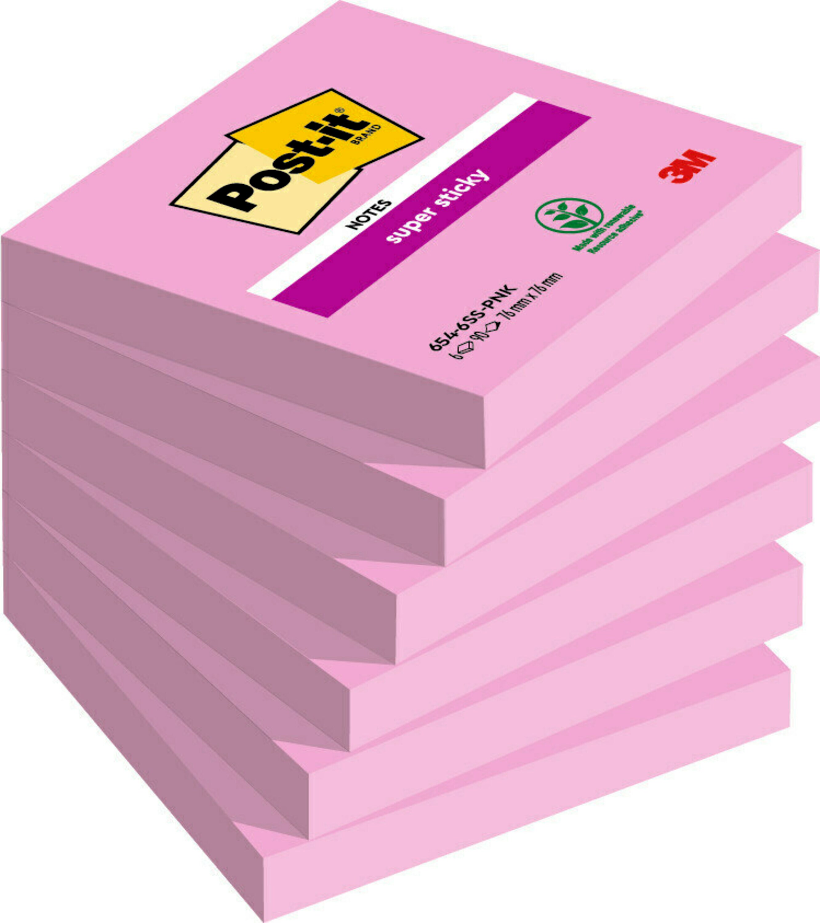 Post-it® Super Sticky Notes, rose, 76 mm x 76 mm, 90 feuilles par bloc, 6 blocs par paquet, 100 % PEFC, SGSCH-PEFC-COC-110078
