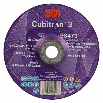 3M™ Cubitron™ 3 Cut and Grind roughing disc, 93473, 36+, T27, 180 mm x 3.5 mm x 22.23 mm, EN, 10/pack, 20 pieces/pack