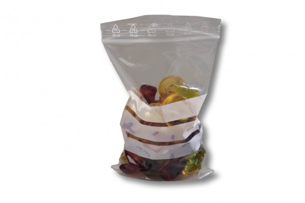 LDPE–Druckverschlussbeutel, transparent, 3 weiße Stempelfelder, 160 x 220 x 0,050 mm