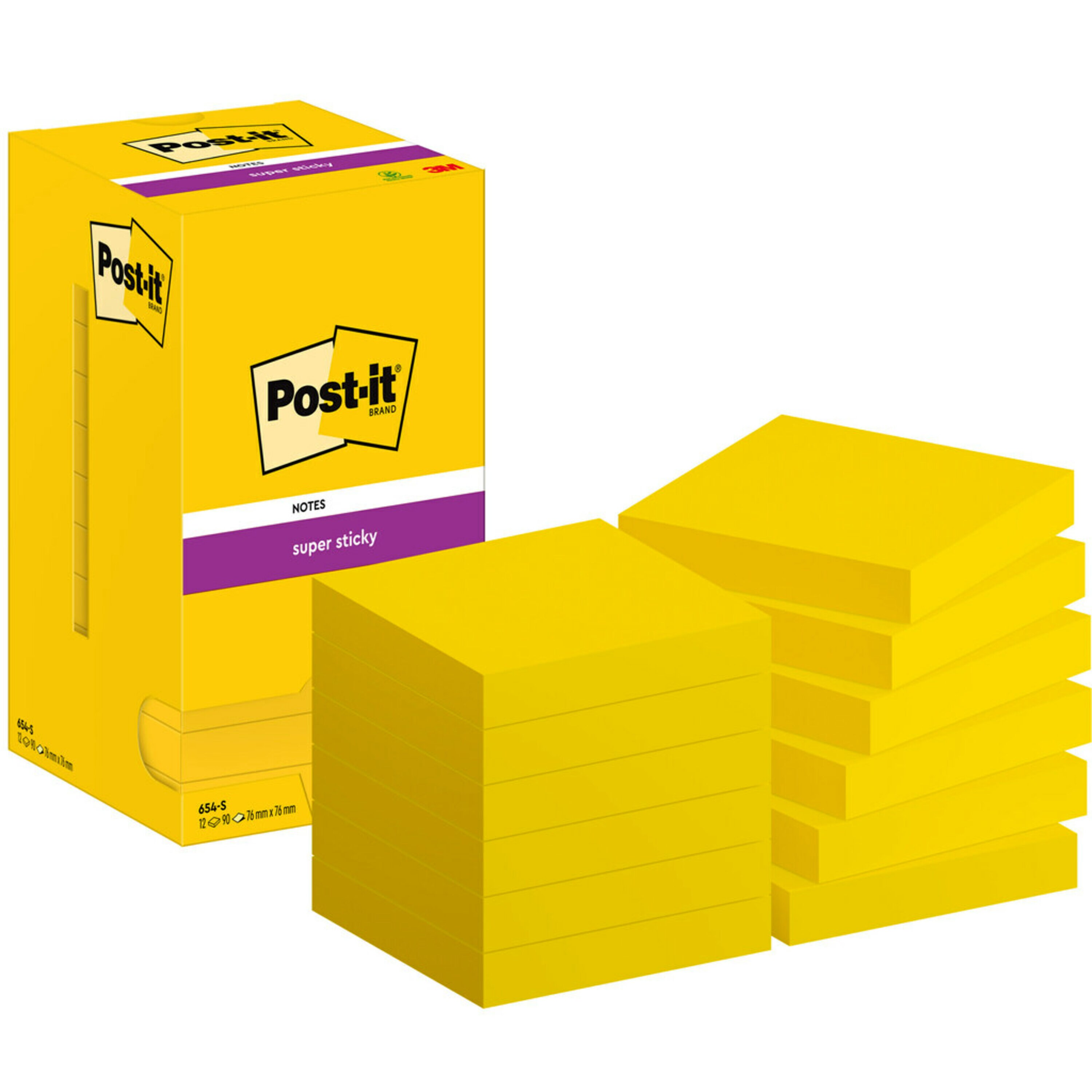 Post-it® Super Sticky Notes, jaune ultra, 76 mm x 76 mm, 90 feuilles par bloc, 12 blocs par paquet, emballage en carton, 100 % PEFC, SGSCH-PEFC-COC-110078