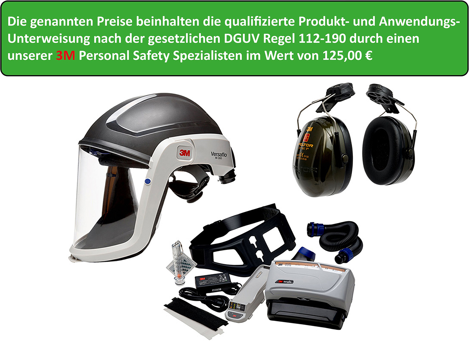 3M™ TR-619E Complete Starter Pack, including training in accordance with Section 3(1) of the ‘Personal Protective Equipment (PPE) Use Regulation’  
in conjunction with Section 31 of DGUV Regulation 1