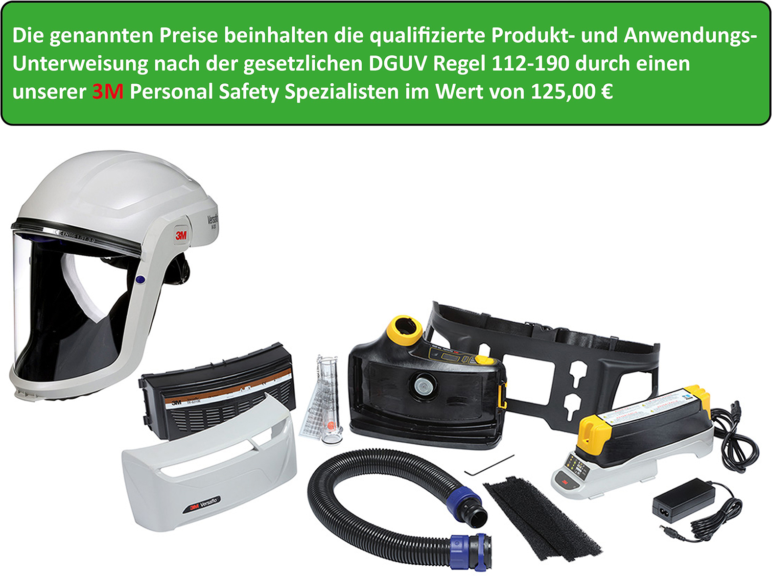 3M™ TR-819E Complete Starter Pack, including training in accordance with Section 3(1) of the ‘Personal Protective Equipment (PPE) Use Regulation’  
in conjunction with Section 31 of DGUV Regulation 1