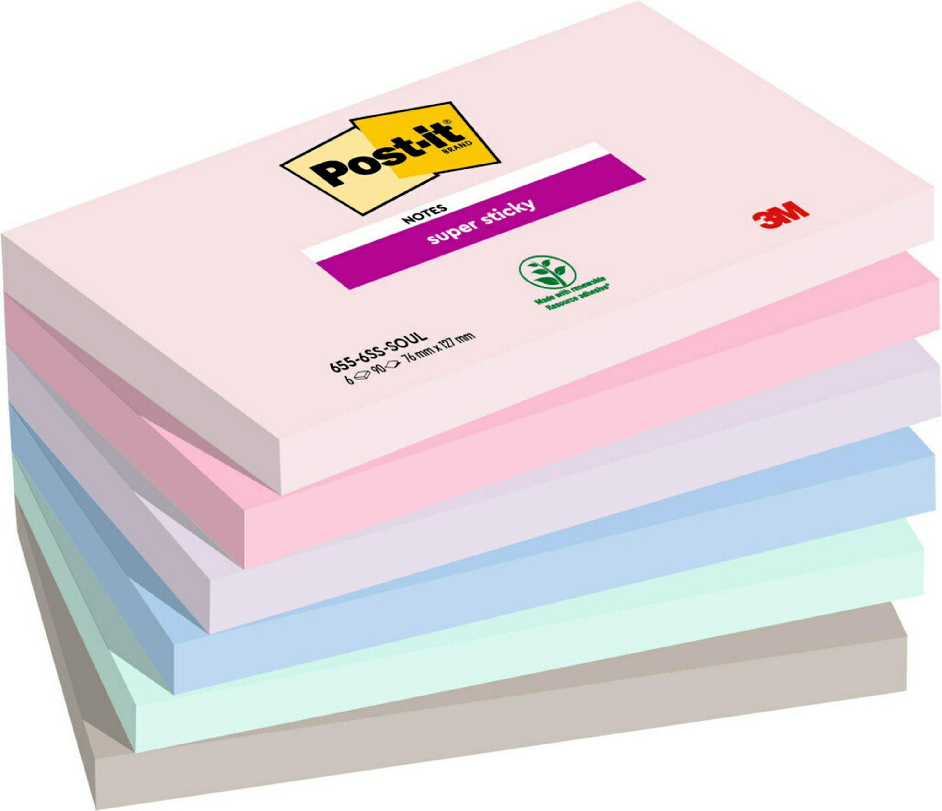 Post-it® Super Sticky Notes, collection Soulful, 127 mm x 76 mm, 90 feuilles par bloc, 6 blocs par paquet, 100 % PEFC, SGSCH-PEFC-COC-110078