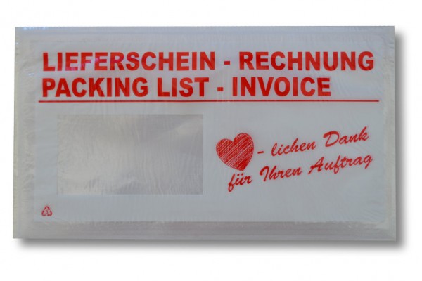 PP - Lieferscheintaschen DIN Lang, 235 x 130 mm / 225 x 120 mm, weiß, Herzlichen Dank