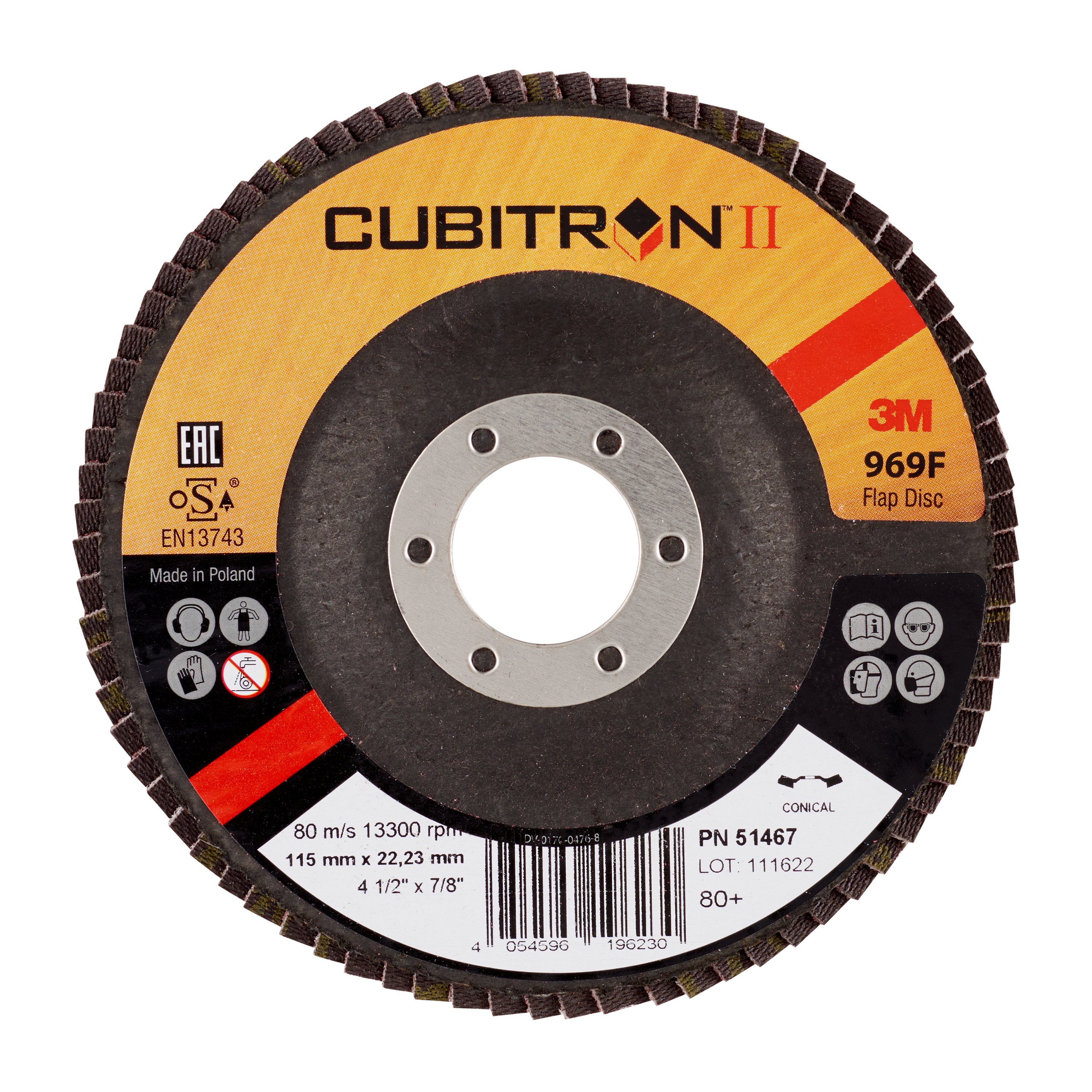 3M™ Cubitron™ II Flap Disc 969F, 115 mm x 22 mm, 80+, tapered