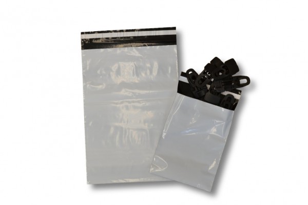 LDPE–Coex–Versandtaschen, innen schwarz/außen weiß, gerade Klappe, permanent haftend, 350 x 450 + 50 x 0,065 mm