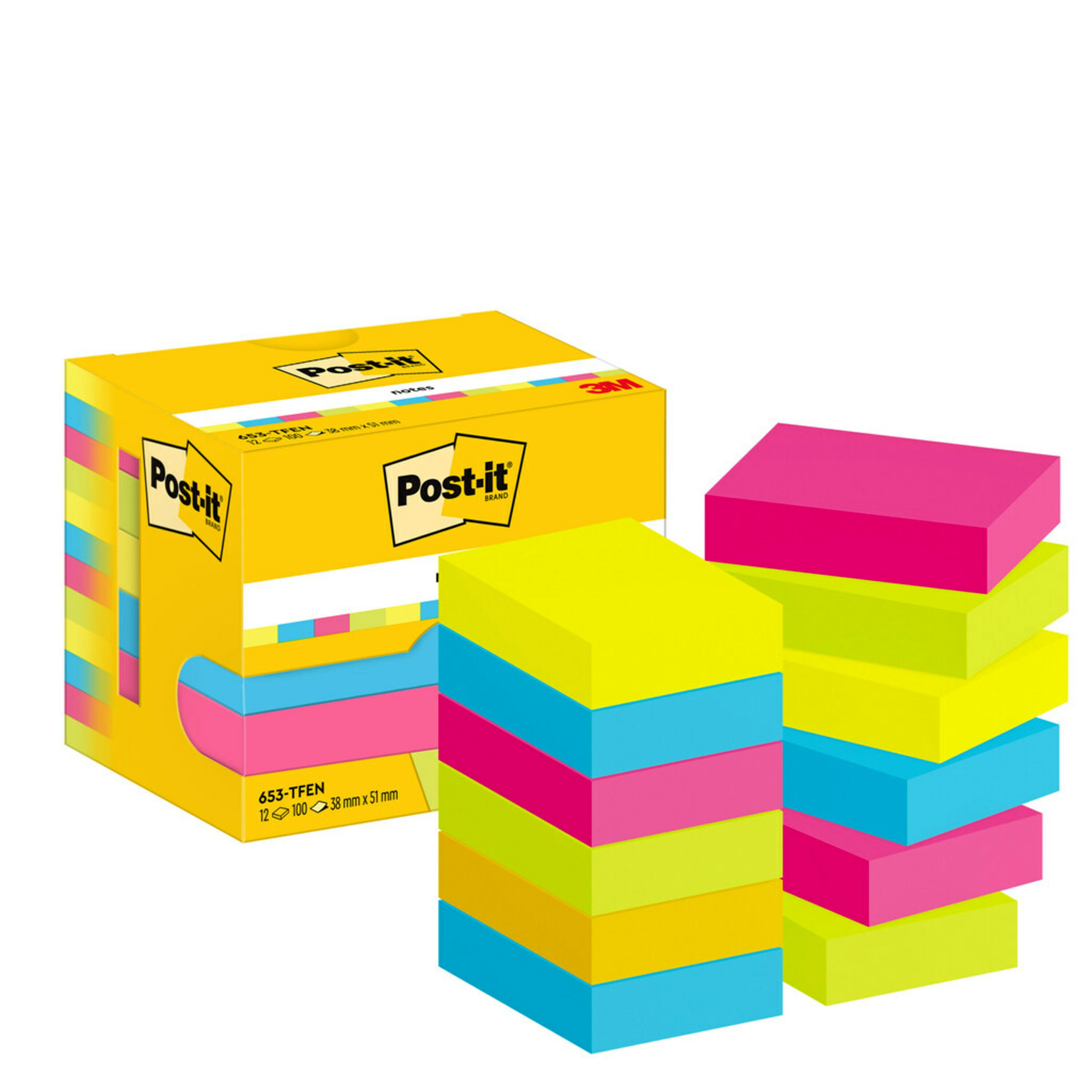 Post-it® Notes, collection Energetic, 38 mm x 51 mm, 100 feuilles par bloc, 12 blocs par paquet, emballage en carton, 100 % PEFC, SGSCH-PEFC-COC-110078