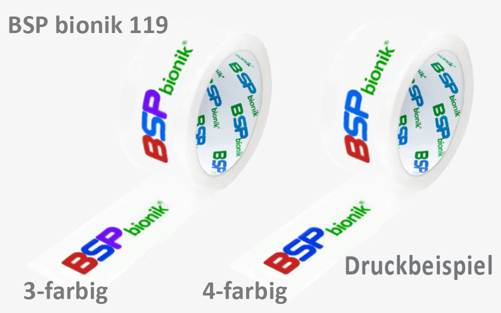 Ruban adhésif d'emballage BSP bionik 119, 50 mm x 132 m, blanc/transparent, impression positive en 3-4 couleurs