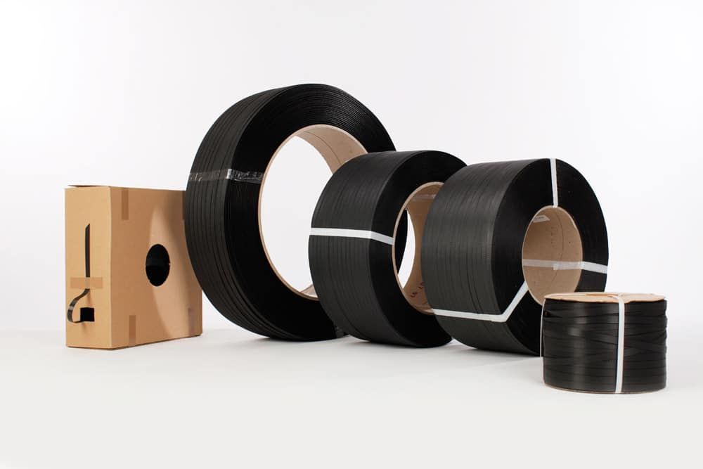 PP strapping tape 905 embossed, black, 12.7 x 0.85 mm x 1800 m, 406 mm core, 48 loose rolls per pallet (120 x 120 cm), breaking strength 250 kg