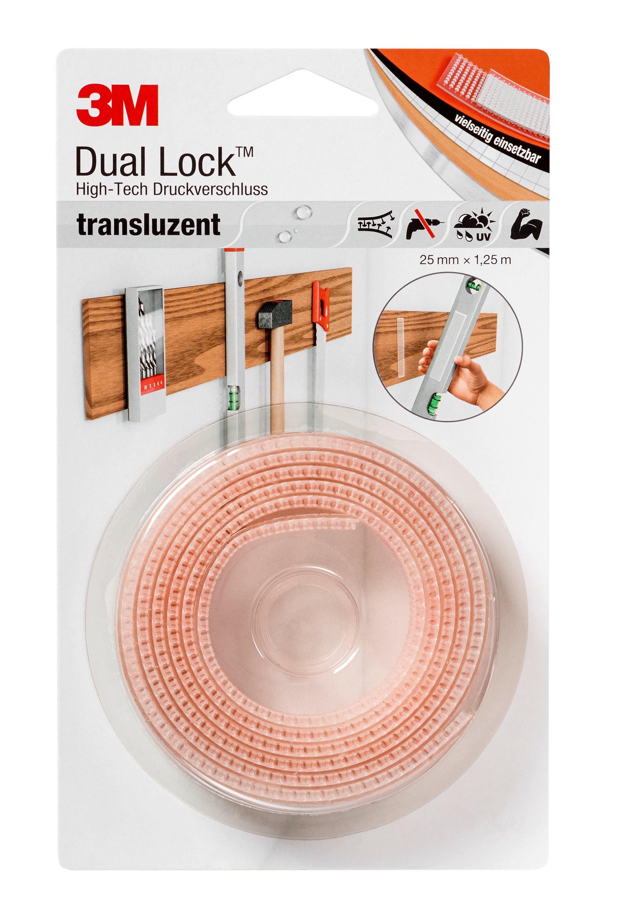 Fermeture adhésive flexible 3M™ Dual Lock™ SJ3560, transparente, 25 mm x 1,25 m, 5,7 mm, 40 têtes/cm², usage extérieur, blister