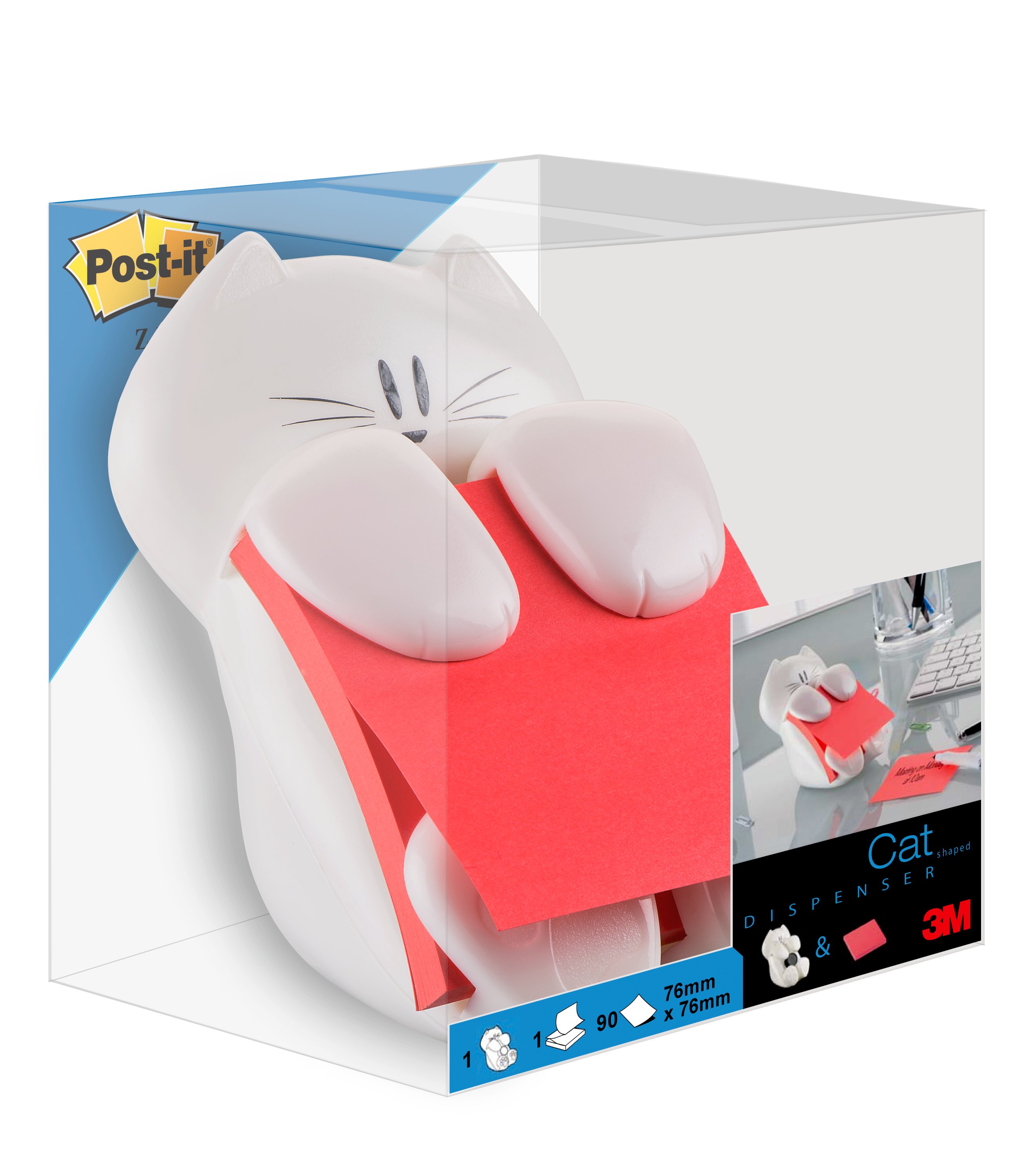 Distributeur de Post-it® Z-Notes, chat, blanc + Post-it® Super Sticky Z-Notes, rose, 76 mm x 76 mm, 90 feuilles/bloc, 1 bloc/paquet