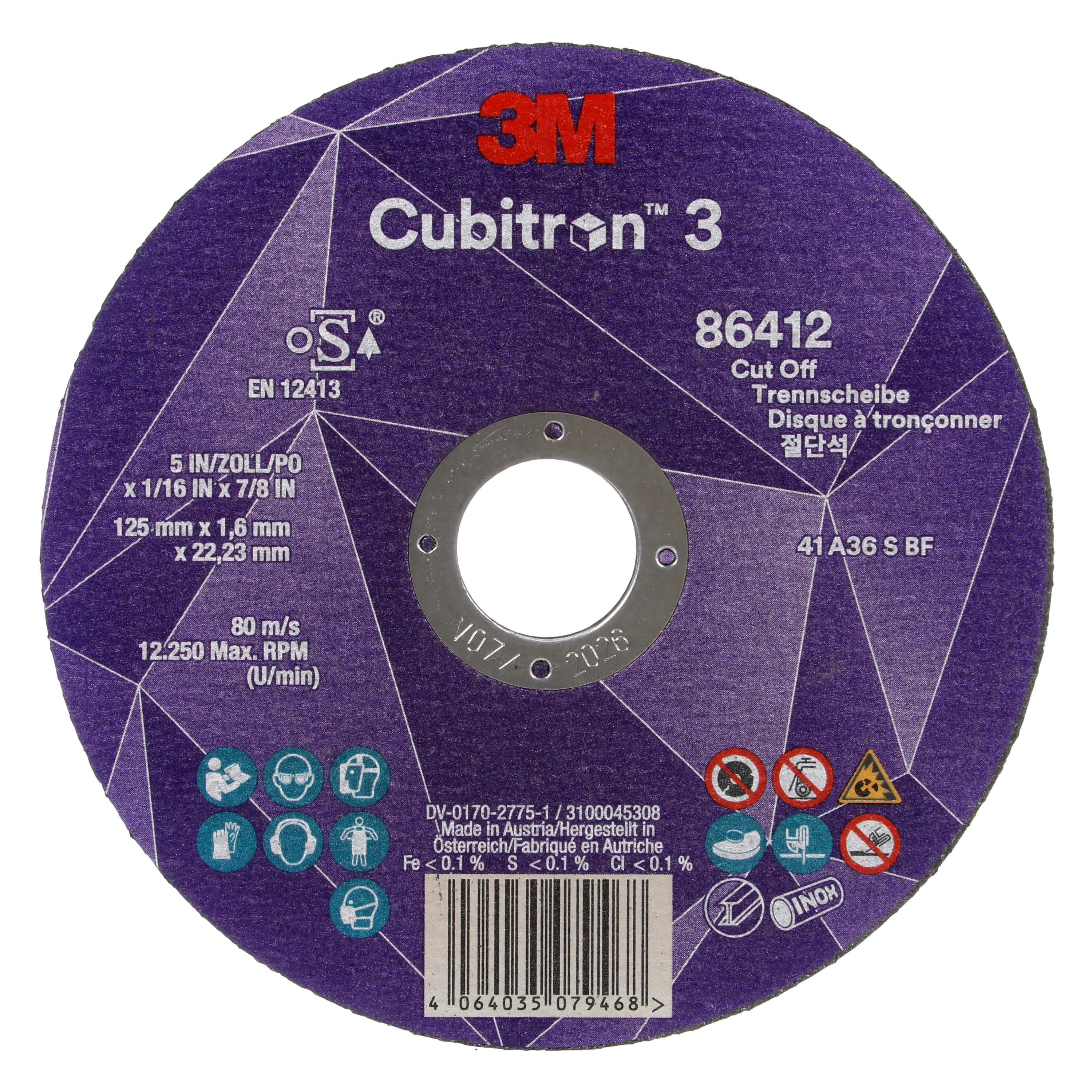3M™ Cubitron™ 3 Trennscheibe, 86647, 60+, T41, 125 mm x 1 mm x 22,23 mm, EN, 25/Pack, 50 Stück/VE