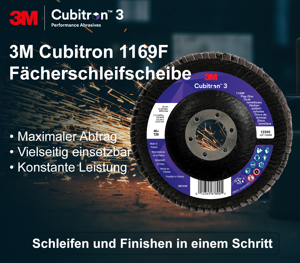 3M Cubitron 1169F Fächerscheibe - maximaler Abtrag, konstante Leistung & vielseitig einsetzbar - News Banner