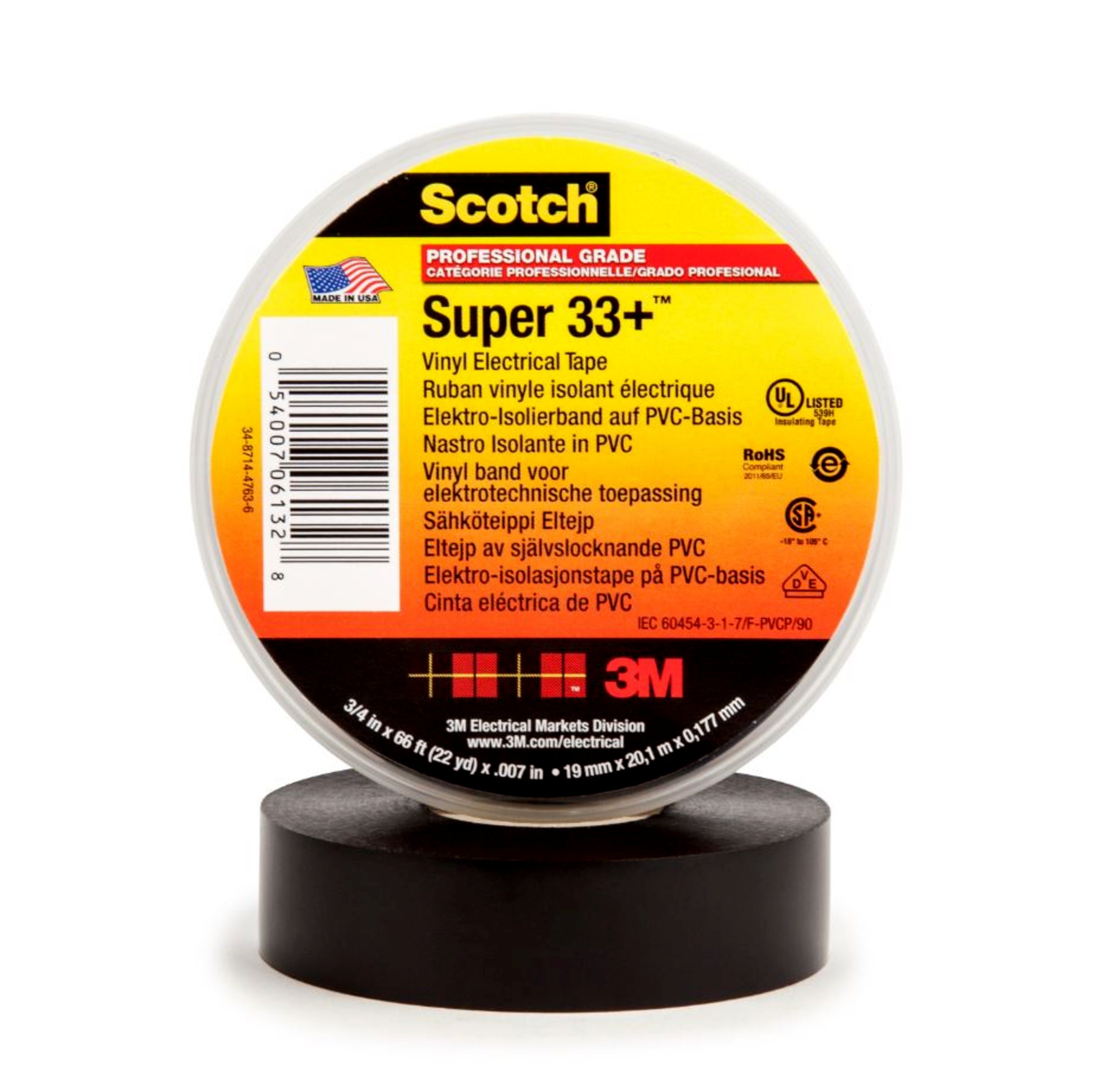 Scotch® Super 33+ Vinyl Electrical Insulation Tape, Black, 25 mm x 33 m, 0.18 mm