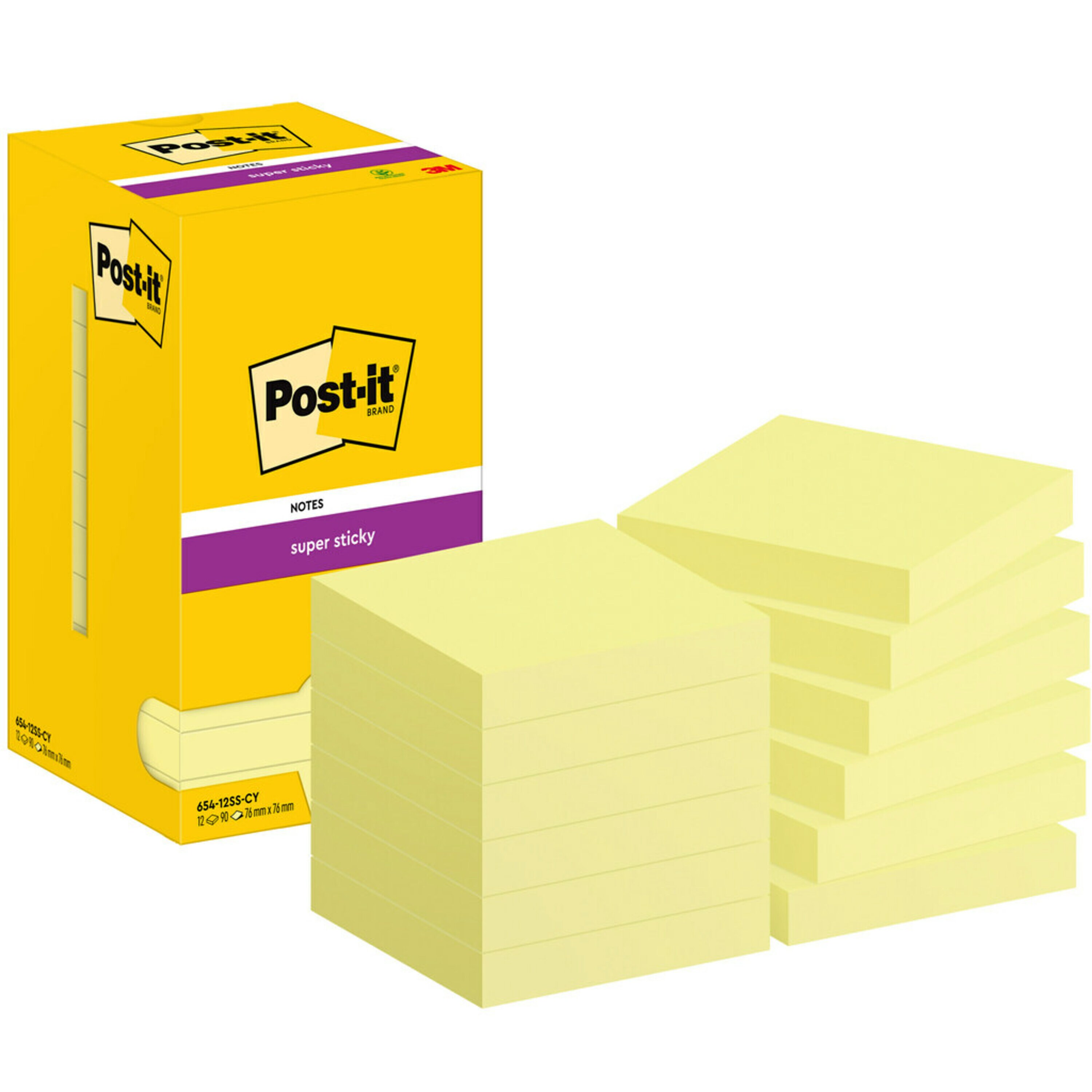 Post-it® Super Sticky Notes, jaune, 76 mm x 76 mm, 90 feuilles par bloc, 12 blocs par paquet, emballage en carton, 100 % PEFC, SGSCH-PEFC-COC-110078