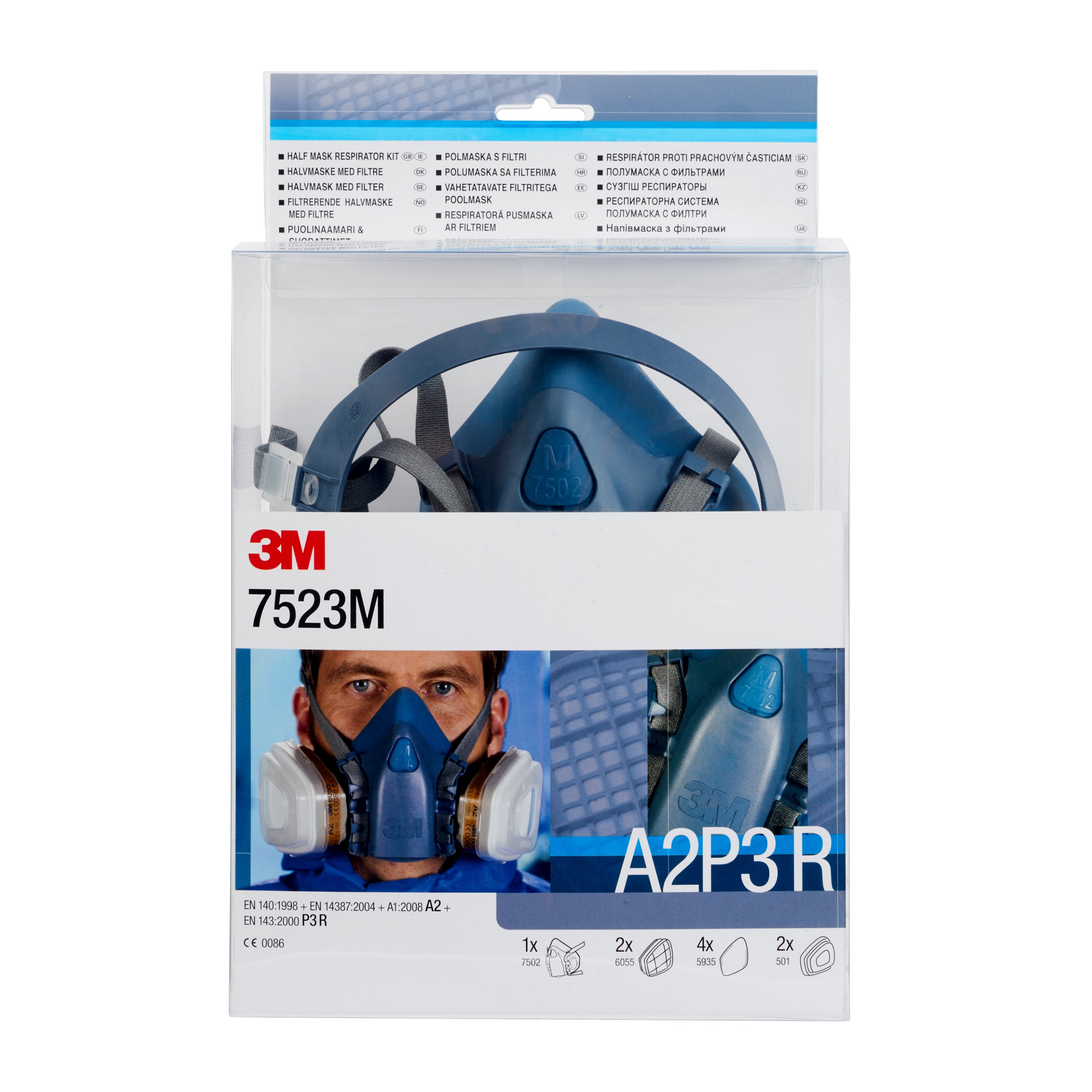 3M™ Gase-& Dämpfe-Maskenset 7523M, A2P3, Karton à 4 Sets,  1x7502, 2x6055, 4x5935, 2x501