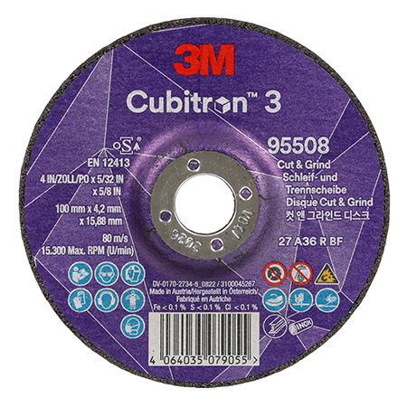 3M™ Cubitron™ 3 Cut and Grind roughing disc, 95508, 36+, T27, 100 mm x 4.2 mm x 15.88 mm, EN, 10/pack, 20 pieces/pack