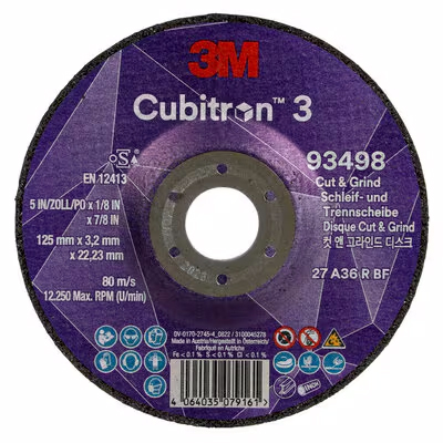 3M™ Cubitron™ 3 Cut and Grind roughing disc, 93498, 36+, T27, 125 mm x 3.2 mm x 22.23 mm, EN, 10/pack, 20 pieces/pack
