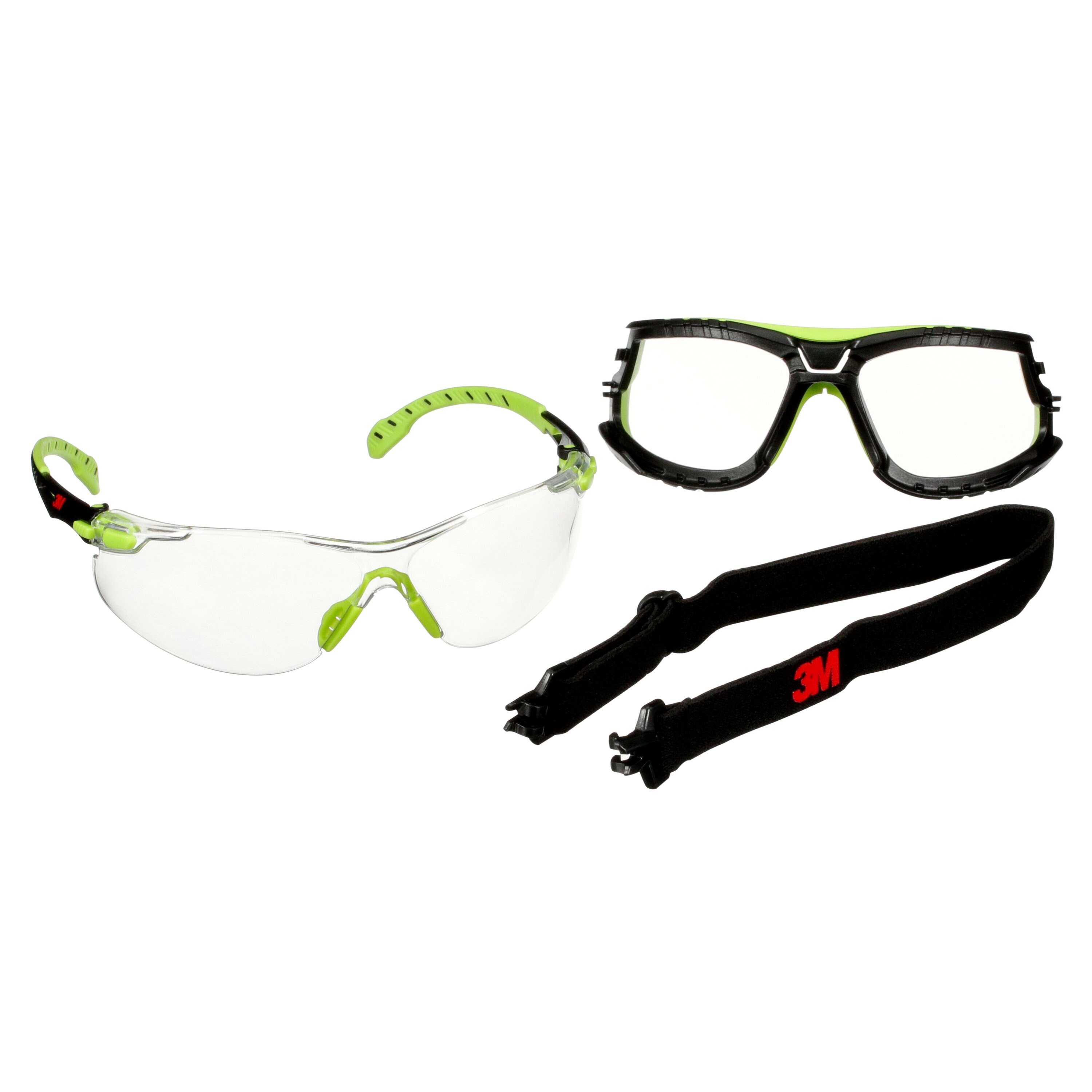 3M™ Solus™ 1000 Schutzbrille, grün/schwarze Bügel, Scotchgard™ Anti-Fog-/Antikratz-Beschichtung (K&N), transparente Scheibe, TPE-Dichtung und Kopfband, S1201SGAF-TSKT-EU, 20 pro Packung