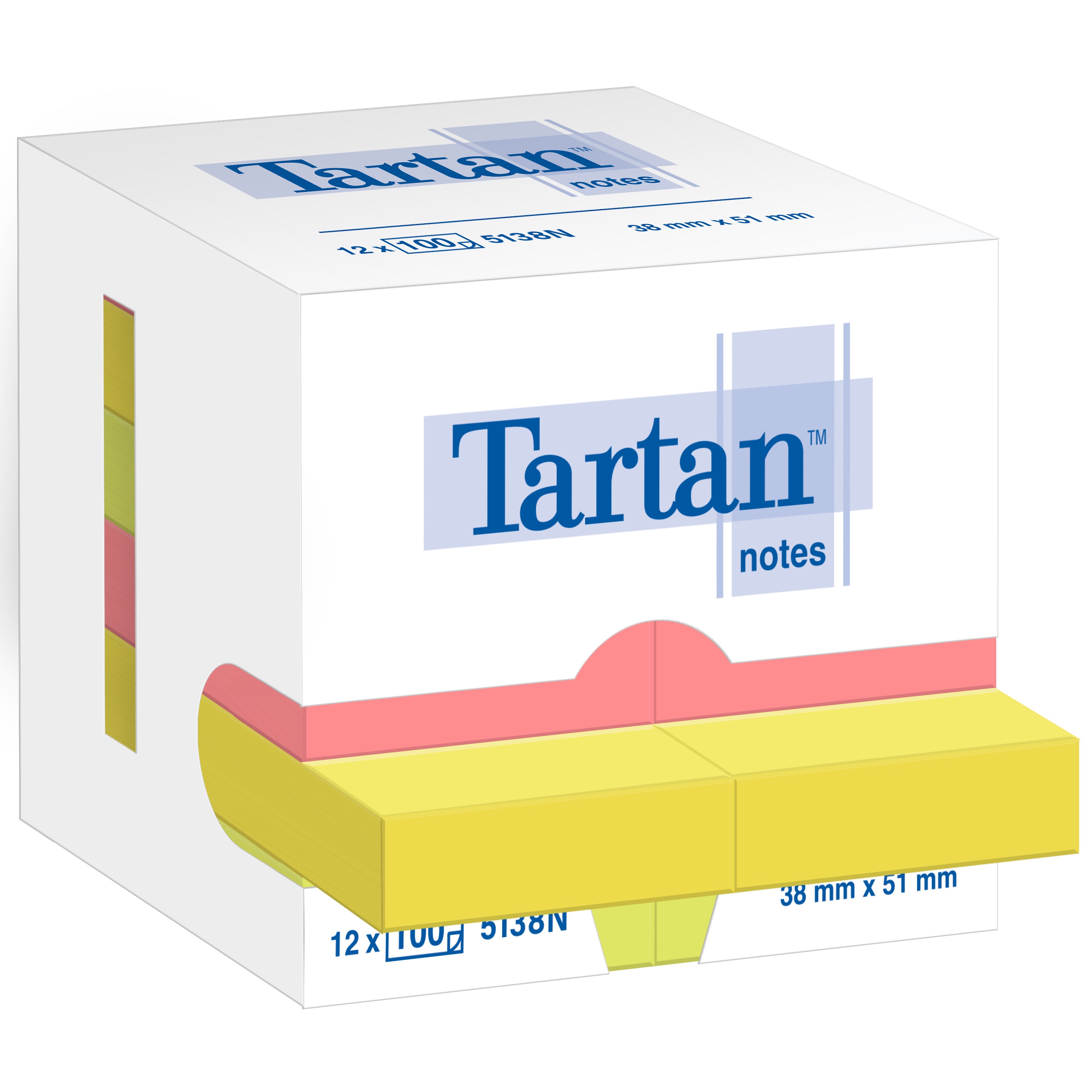Tartan™ Notes 5138N, différentes couleurs fluo, 51 mm x 38 mm, 12 blocs par paquet, emballage en carton, 100 % PEFC, SGSCH-PEFC-COC-110078