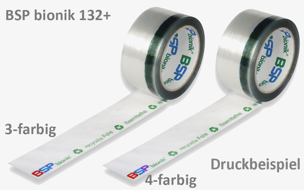 Ruban adhésif d'emballage BSP bionik 132+ 50 mm x 66 m, blanc/transparent, imprimé en 3-4 couleurs en positif